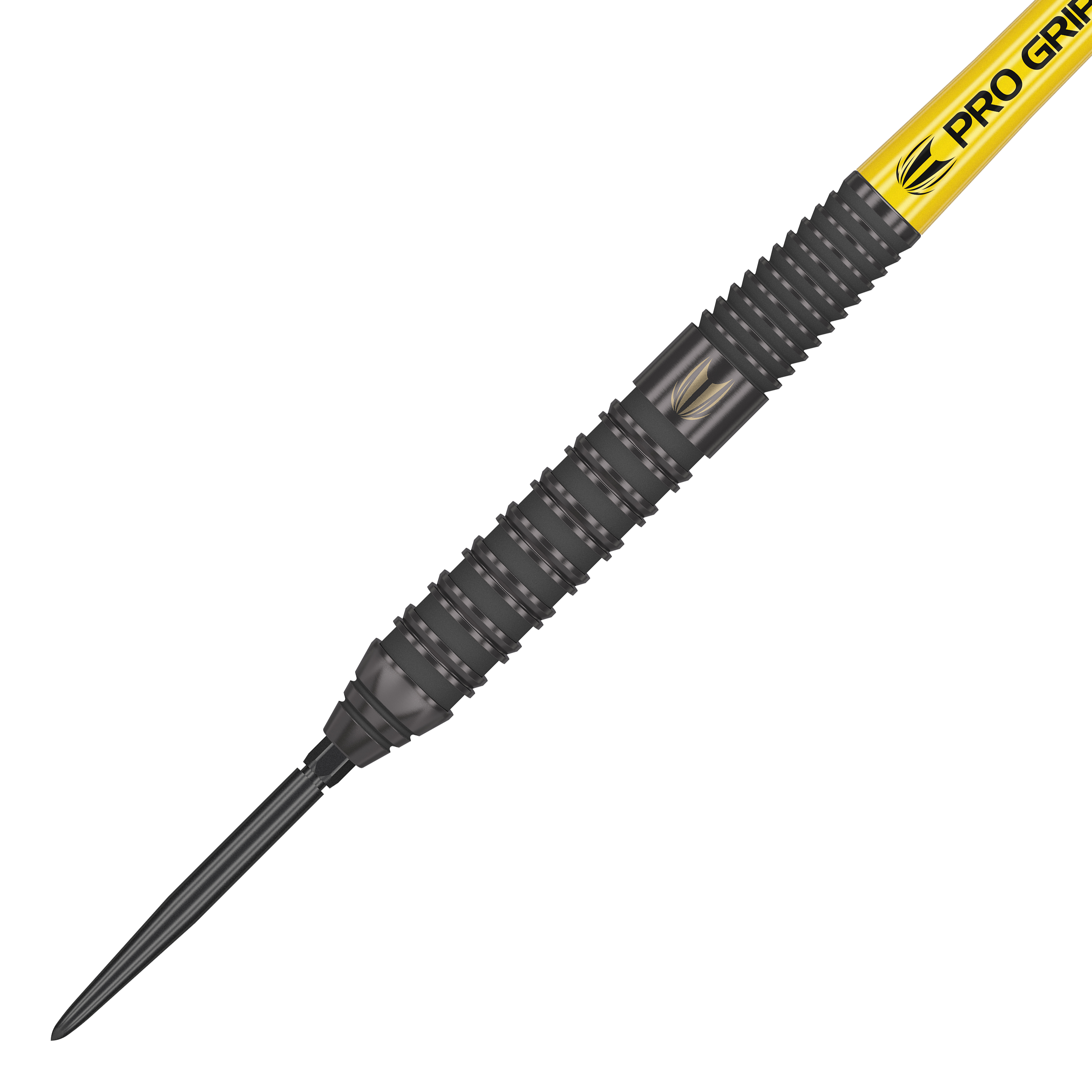 Dardos de acero Target Bolide Void 02 Swiss Point Das Bild zeigt den Target Bolide Void 02 Swiss Point Steeldart. Der Dart hat ein schwarzes Griffstück mit feinen Rillen und einer gelben „Pro Grip“-Beschriftung am Schaft.