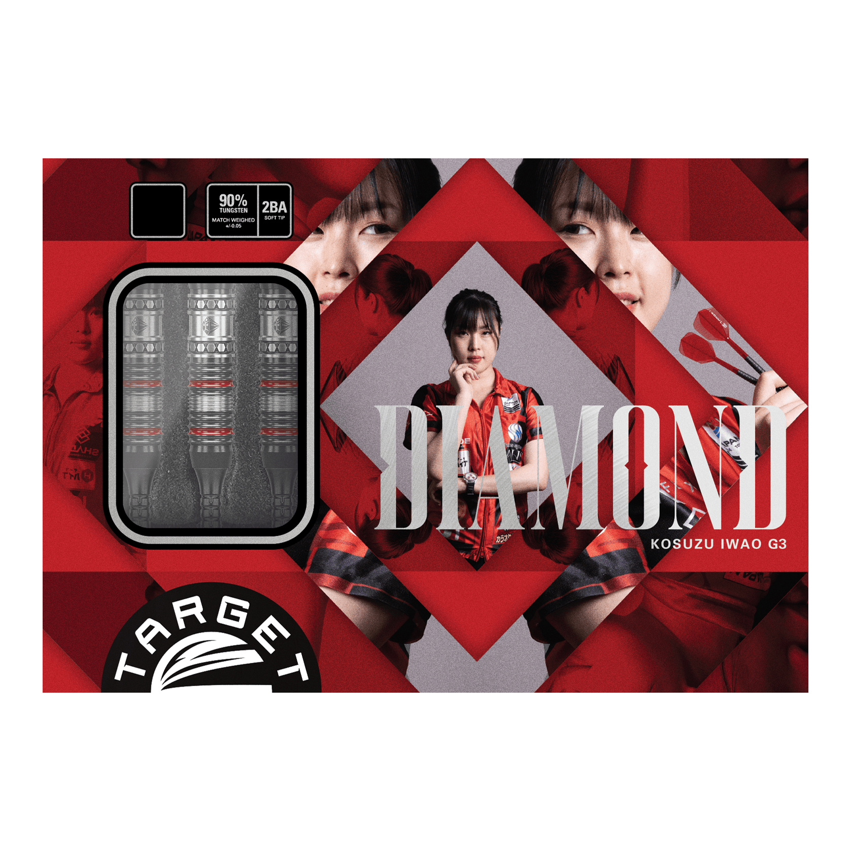 Dardos blandos Target Japan Prime Series Diamond GEN3 - 18 g Die Abbildung zeigt das Produkt "Target Japan Prime Series Diamond GEN3 Softdarts - 18g". Auf der Verpackung sind die Darts selbst sowie ein Porträt einer Frau und das Wort "DIAMOND" zu sehen.