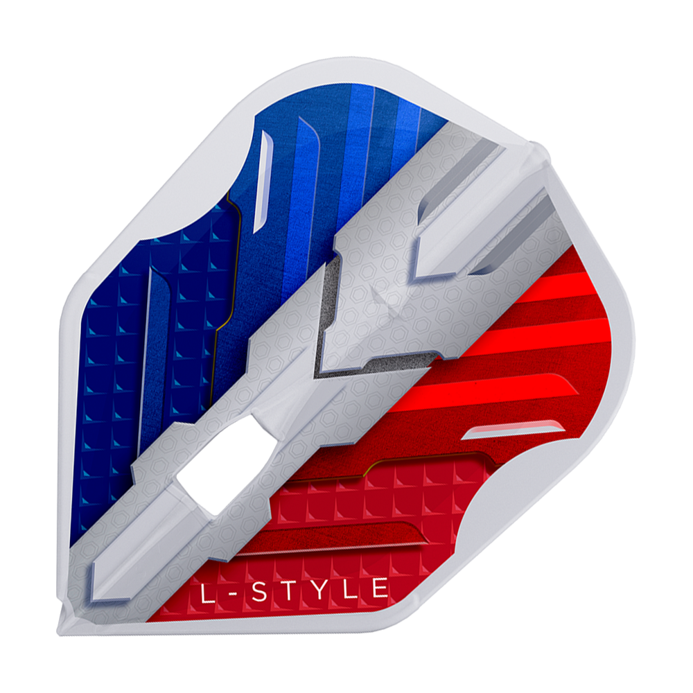 Vuelos L-Style V-Series V1 Tipo B Francia Blanco transparente L3PRO Das Bild zeigt das Produkt "L-Style V-Series V1 Type B France Clear White L3PRO Flights". Die Dart-Flight ist in den Farben Blau, Weiß und Rot gestaltet und trägt die Aufschrift "L-STYLE".