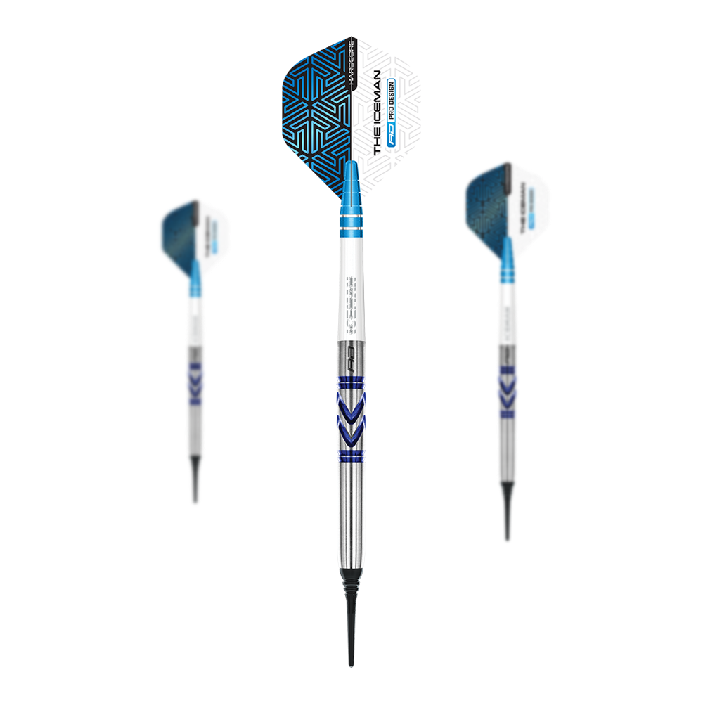 Red Dragon Gerwyn Price Avalanche Pro Softdarts - 20g Das Bild zeigt drei Softdarts des Modells "Red Dragon Gerwyn Price Avalanche Pro" mit einem Gewicht von 20g. Die Darts sind silberfarben mit blauen Akzenten und haben Flights mit weiß-blauem Muster.