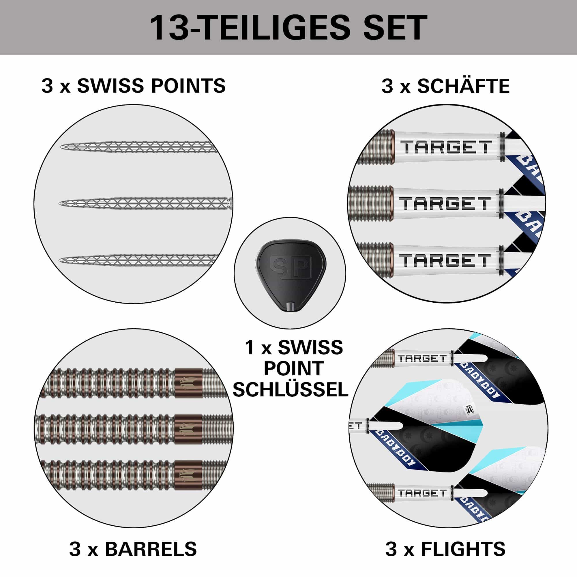 Dardos Steeldarts Target Adam Lipscombe Swiss Points - 25 g Das Bild zeigt die Target Adam Lipscombe Swiss Points Steeldarts. Sie sind moderne Steeldarts mit Swiss Points System.
