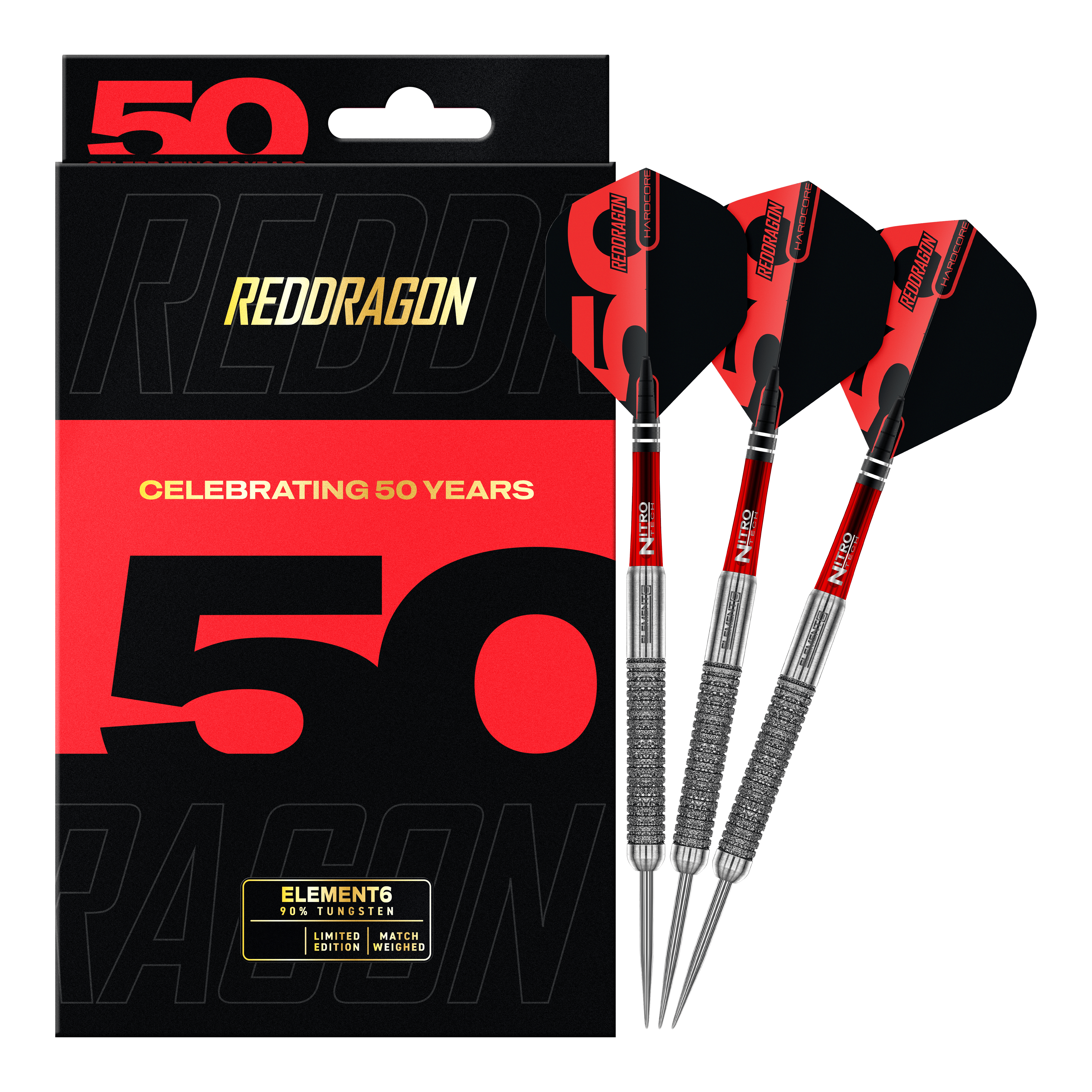 Ein vollständiger Blick auf die Red Dragon 50 Year Collection Element 6 B Steeldarts - 24g. Das Bild zeigt das komplette Produkt in voller Länge.