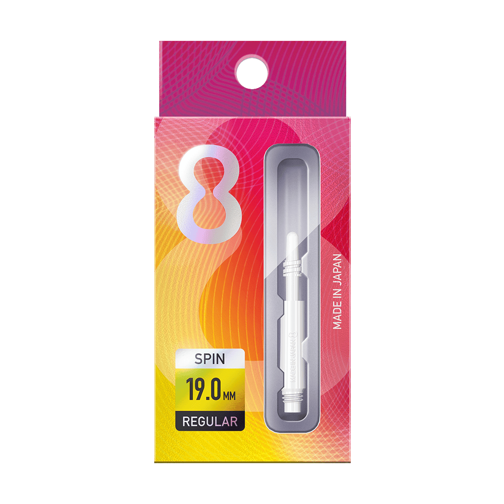 400315_8Flight_Regular_Spin_Shafts_White_19mm_3 Die Abbildung zeigt eine Packung "8 Flight Regular Spin White Shafts". Die Verpackung ist bunt gestaltet und enthält einen weißen Schaft mit der Länge von 19,0 mm.