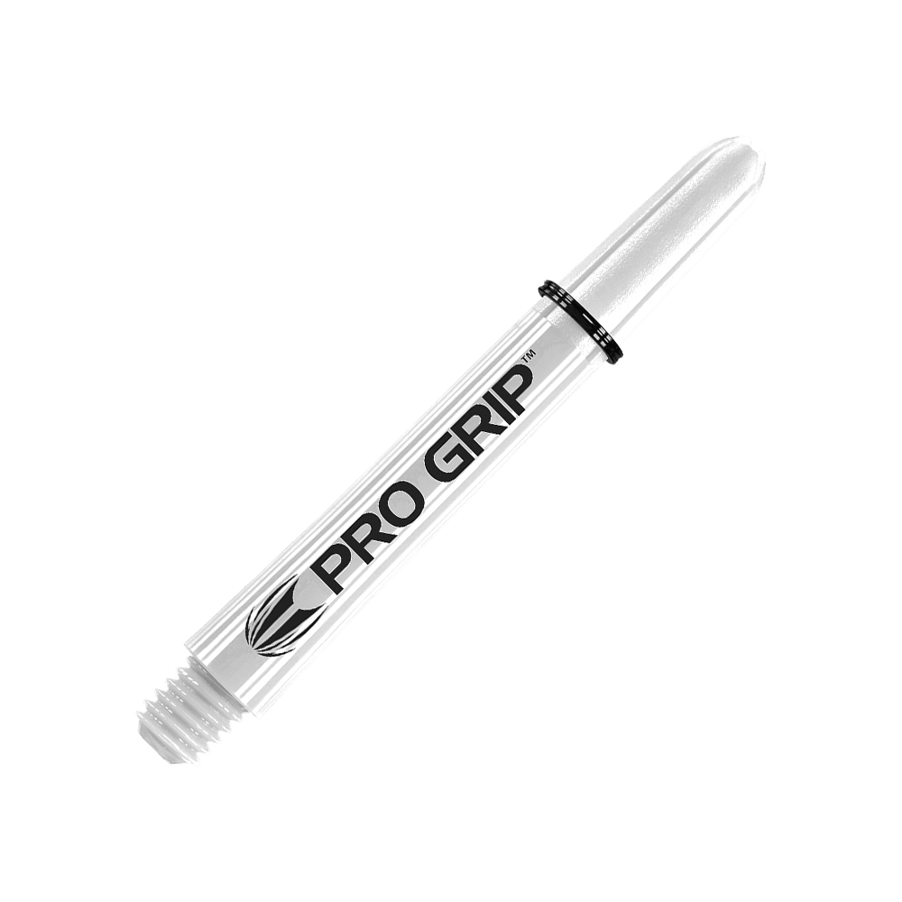 Varillas Target Pro Grip - 3 juegos - Color blanco Das Bild zeigt einen weißen Pro Grip Schaft für Dartpfeile. Auf dem Schaft steht gut sichtbar der Schriftzug "PRO GRIP".