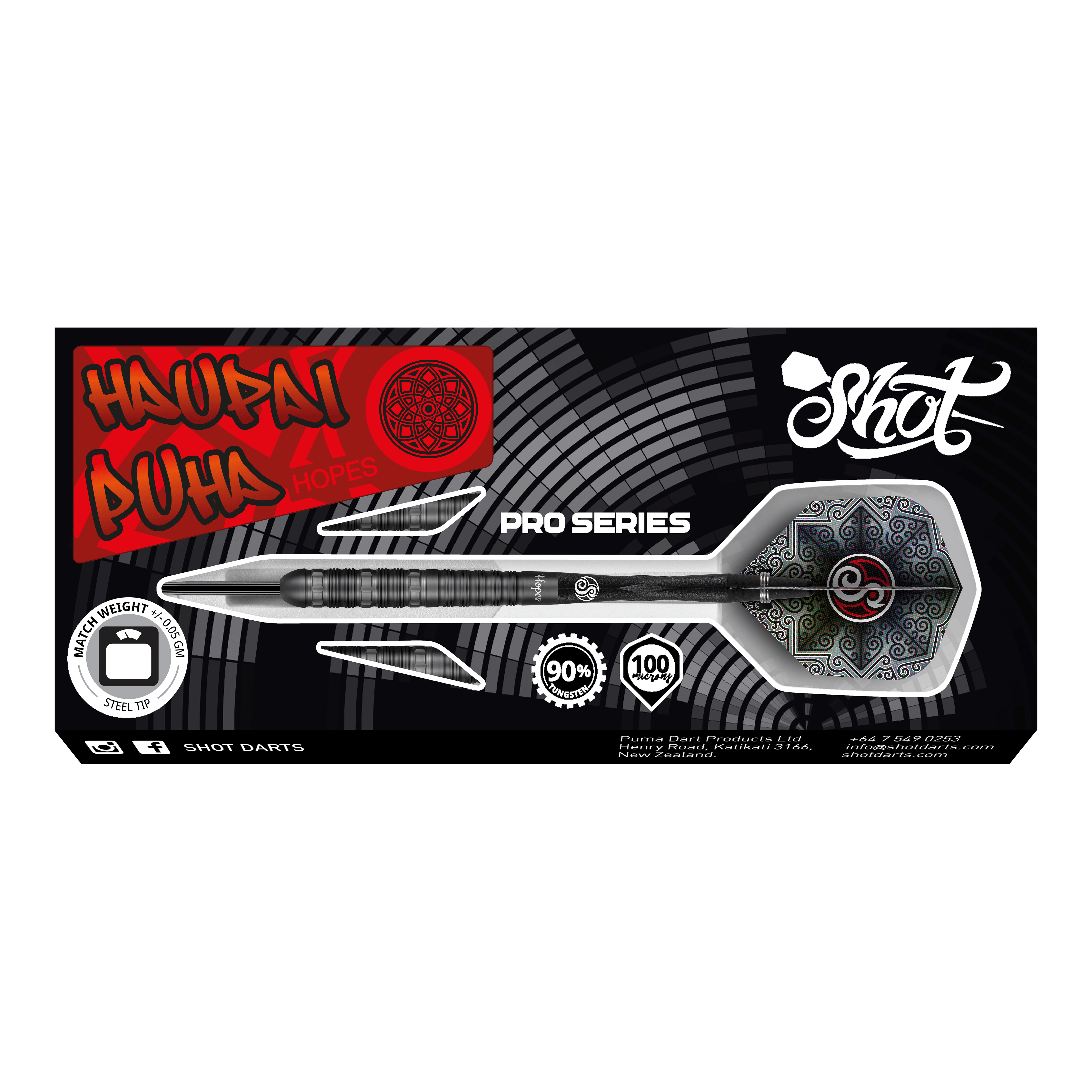 Dardos de acero Shot Pro-Series Haupai Puha 2 - 24 g Das Bild zeigt die Verpackung der Shot Pro-Series Haupai Puha 2 Steeldarts mit 24g Gewicht. Die Verpackung ist schwarz mit auffälligen roten und weißen Designelementen sowie einem großen Bild eines Steeldarts.