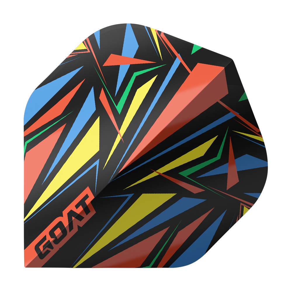 Vuelos estándar GOAT Athlete Red No2 Das Bild zeigt ein Dart-Flight mit einem bunten, geometrischen Muster in Rot, Gelb, Blau und Grün. In der Ecke steht das Wort „GOAT“ in roten Buchstaben.