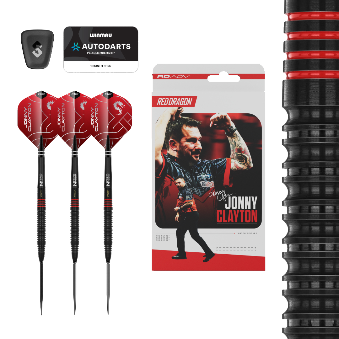 Dardos de acero Red Dragon Jonny Clayton RD-ADV Switch Point Abgebildet ist ein Set Red Dragon Jonny Clayton RD-ADV Switch Point Steeldarts. Die Darts sind deutlich zu erkennen und die Beschriftung ist lesbar.