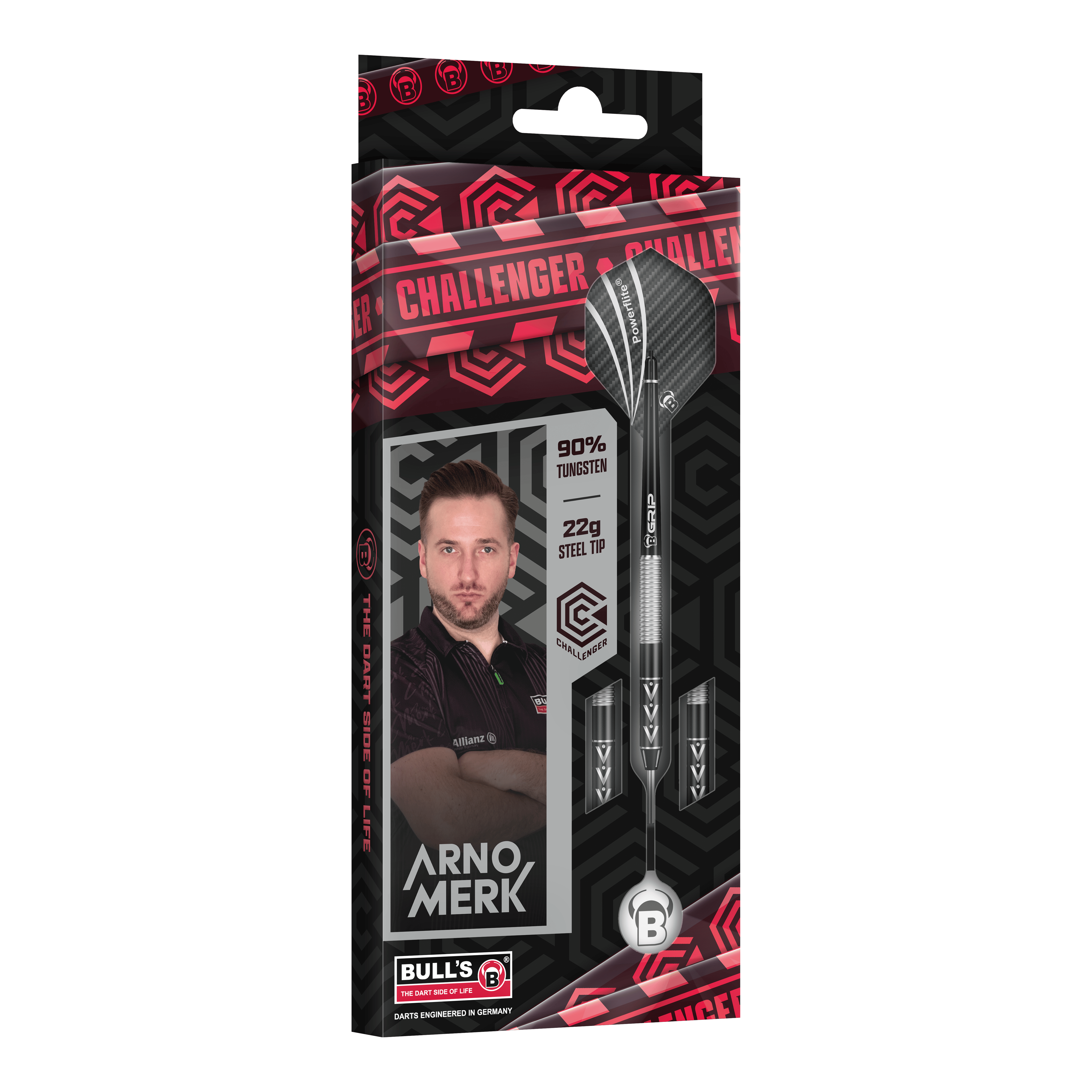 Dardos de acero Bulls Challenger Arno Merk - 22 g Die Abbildung zeigt die Verpackung der „Bulls Challenger Arno Merk Steeldarts - 22g“. Auf der Verpackung sind der Dartspieler Arno Merk, die Darts sowie die Angaben „90% Tungsten“ und „22g Steel Tip“ zu sehen.
