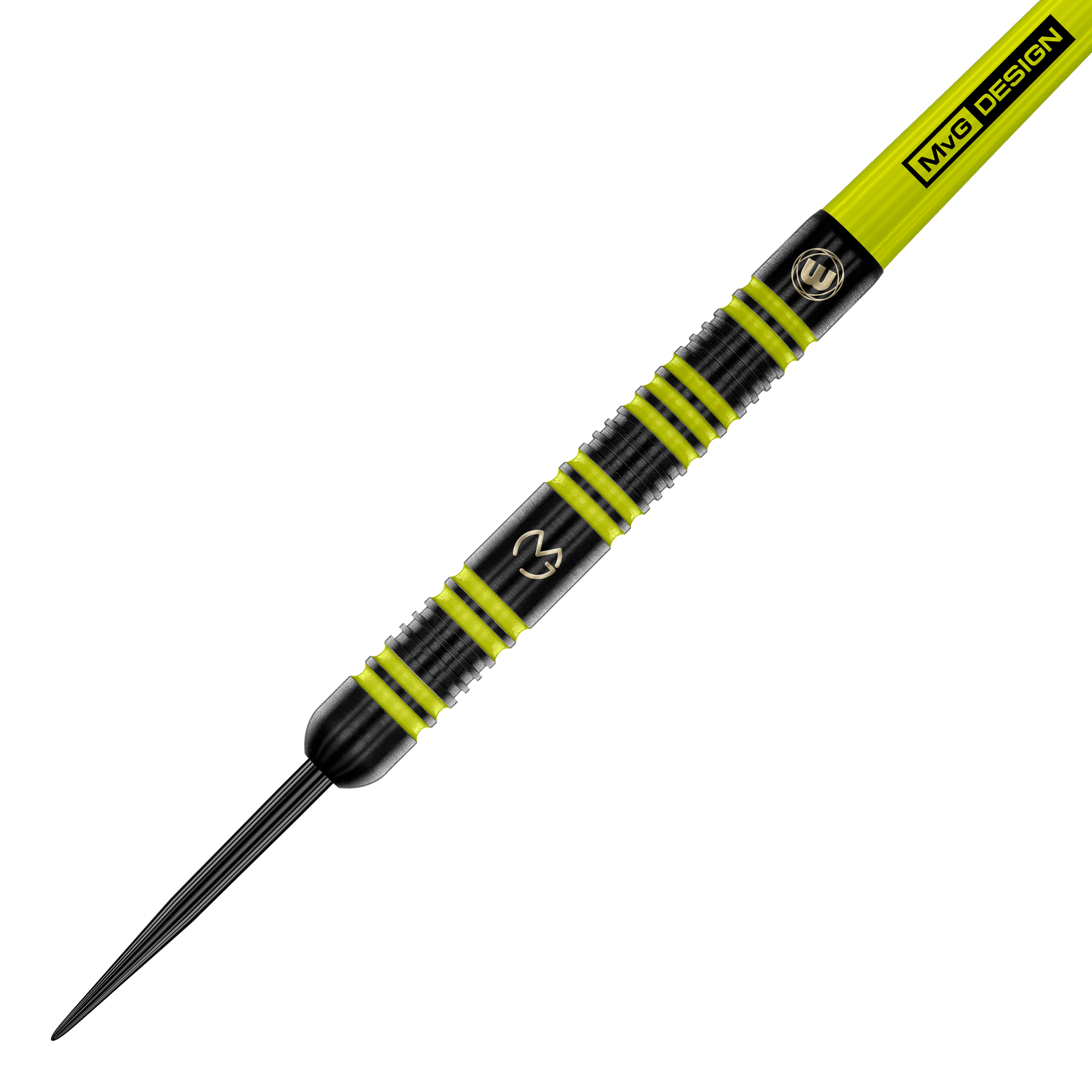 Dardos de acero Winmau Michael Van Gerwen 85 Pro-Series Das Bild zeigt einen Winmau Michael Van Gerwen 85 Pro-Series Steeldart. Der Dart ist schwarz mit auffälligen gelb-grünen Ringen und hat das MVG-Logo eingraviert.