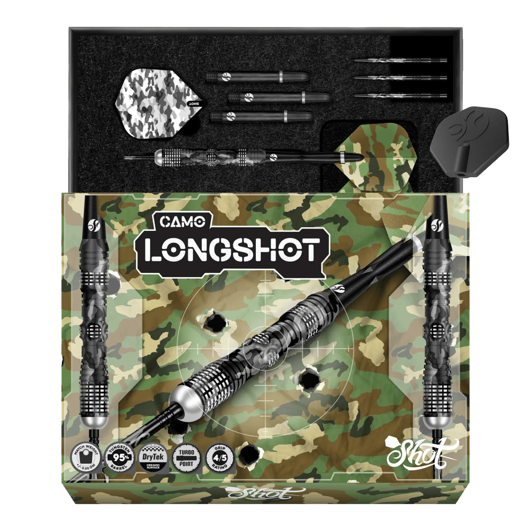 Shot Camo Longshot Turbo Point Steeldarts - 23g Shot Camo Longshot Turbo Point Steeldarts 23g sind Dartpfeile mit Tarnmuster. Die Pfeile werden nebeneinander präsentiert.