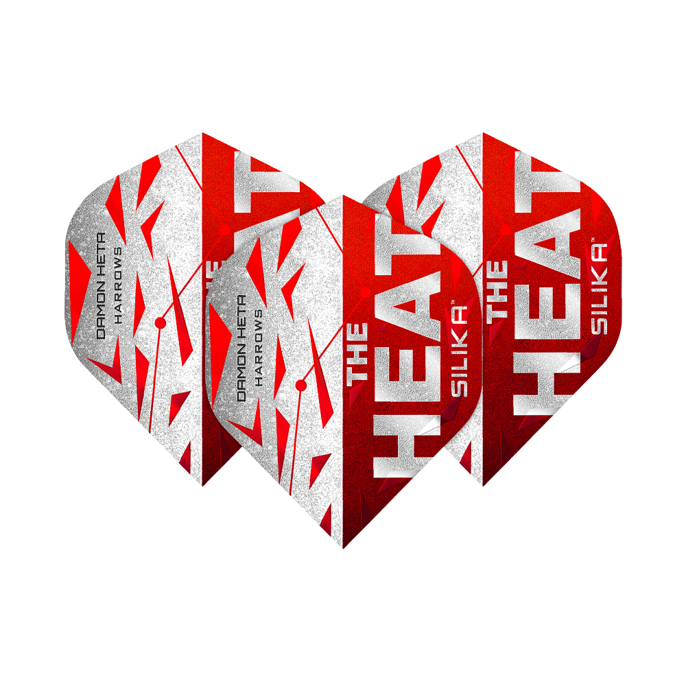 Plumas Silika Damon Heta Serie 3 de Harrow Das Bild zeigt drei Dart-Flights der Serie "Harrows Silika Damon Heta Series 3". Die Flights sind in Rot, Weiß und Silber gestaltet und tragen die Aufschrift "THE HEAT" sowie "SILIKA".