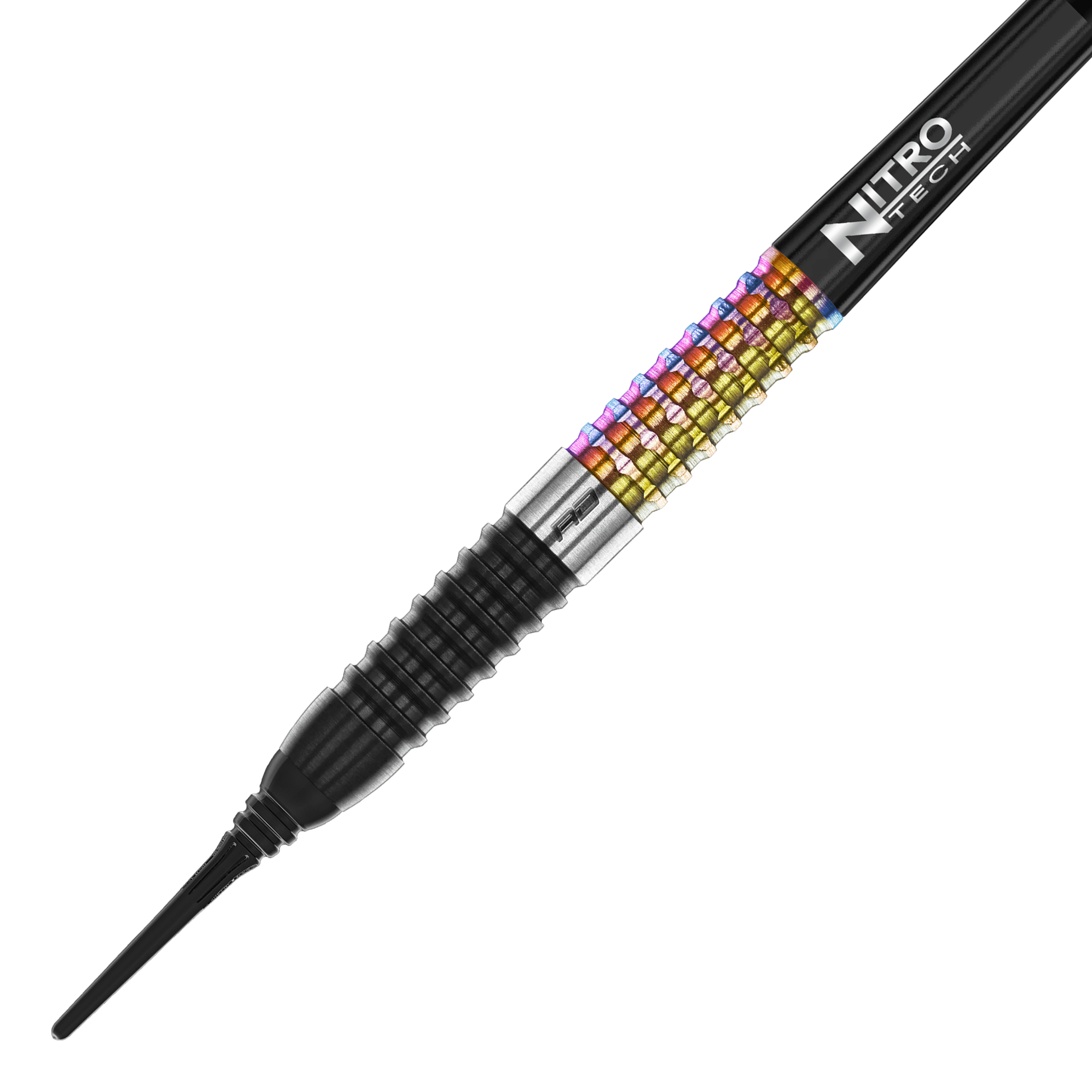 Dardos blandos Red Dragon Peter Wright Corra - 18 g Das Bild zeigt einen Red Dragon Peter Wright Corra Softdart mit 18g Gewicht. Der Dart hat ein farbiges, geriffeltes Griffstück und eine schwarze Spitze.