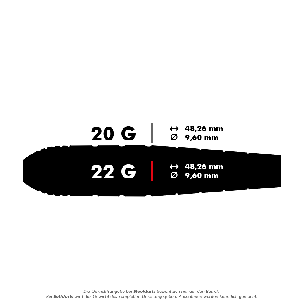 Das Bild zeigt zwei Gewichtsvarianten von Darts: 20 Gramm und 22 Gramm. Beide Varianten haben eine Länge von 48,26 mm und einen Durchmesser von 9,60 mm.