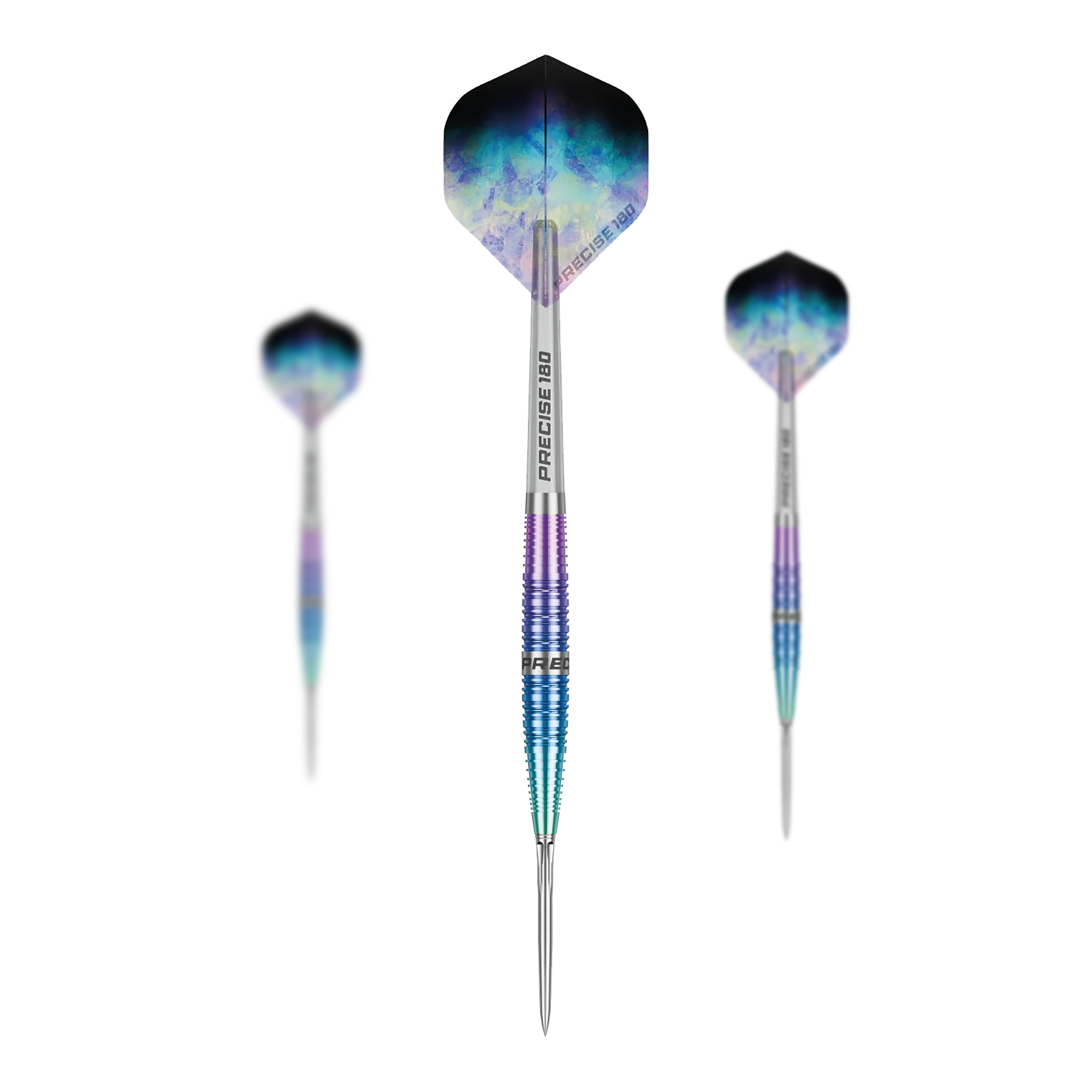 Die Precise 180 Northern Lights Steeldarts sind als Set dargestellt. Mehrere Dartpfeile sind gemeinsam angeordnet.
