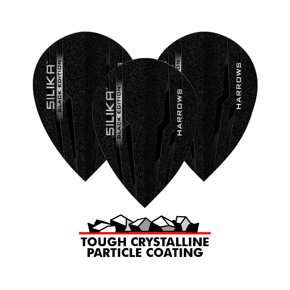 Plumas de pera Harrow's Silica Black-Edition Das Bild zeigt die Harrows Silika Black-Edition Pear Flights, die in Schwarz mit silberner Beschriftung gestaltet sind. Unten im Bild steht „TOUGH CRYSTALLINE PARTICLE COATING“, was auf eine widerstandsfähige, kristalline Beschichtung hinweist.