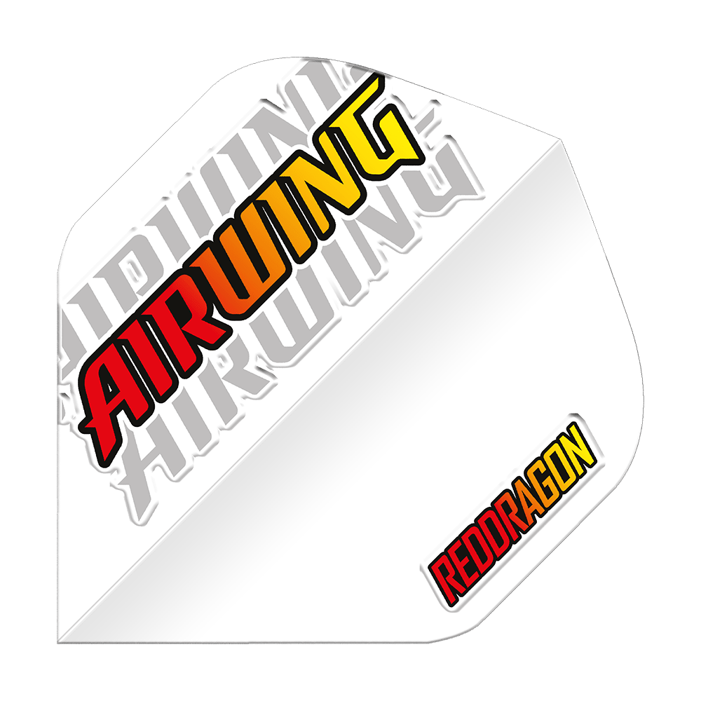 Vuelos estándar del Red Dragon Airwing Red Logo Dieses Bild zeigt ein weißes Dartflügel-Produkt mit der Aufschrift „AIRWING“ in Rot, Orange und Gelb. In der unteren rechten Ecke steht das Logo „REDDRAGON“ ebenfalls in Rot und Gelb.