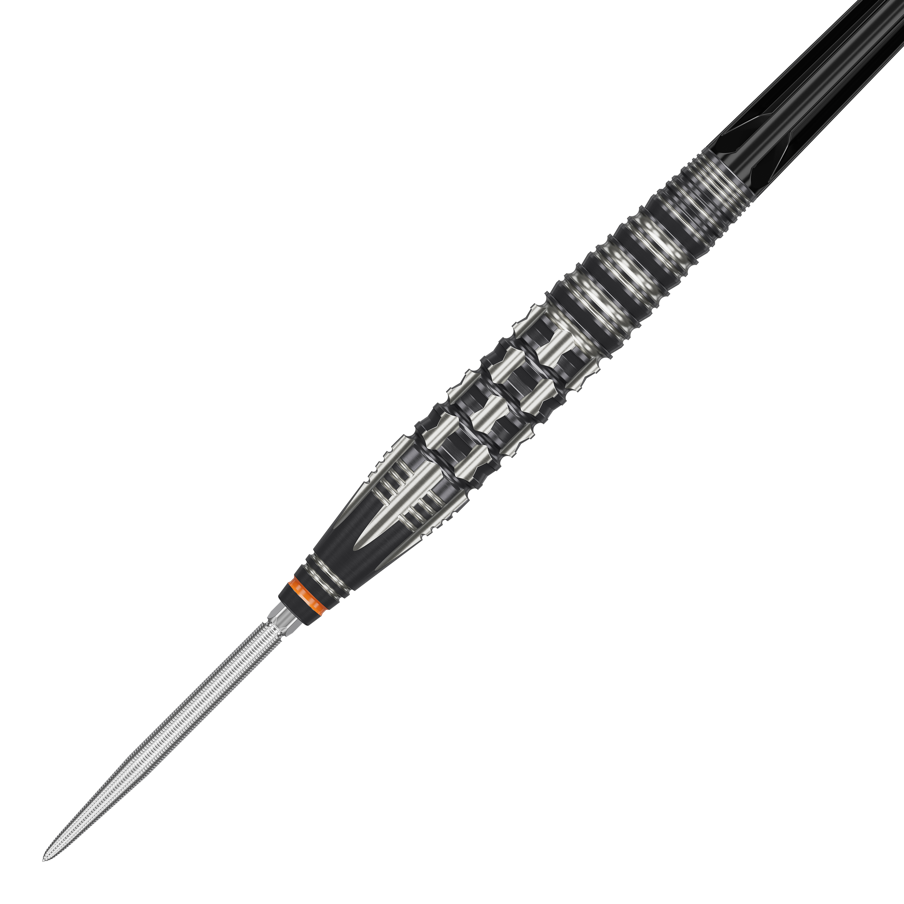 Dardos de acero Target Japan Black Marque Dancing Duck GEN 4 Das Bild zeigt einen Target Japan Black Marque Dancing Duck GEN 4 Steeldart. Der Dart hat ein auffälliges, schwarz-silbernes Design mit markanten Rillen für besseren Halt.