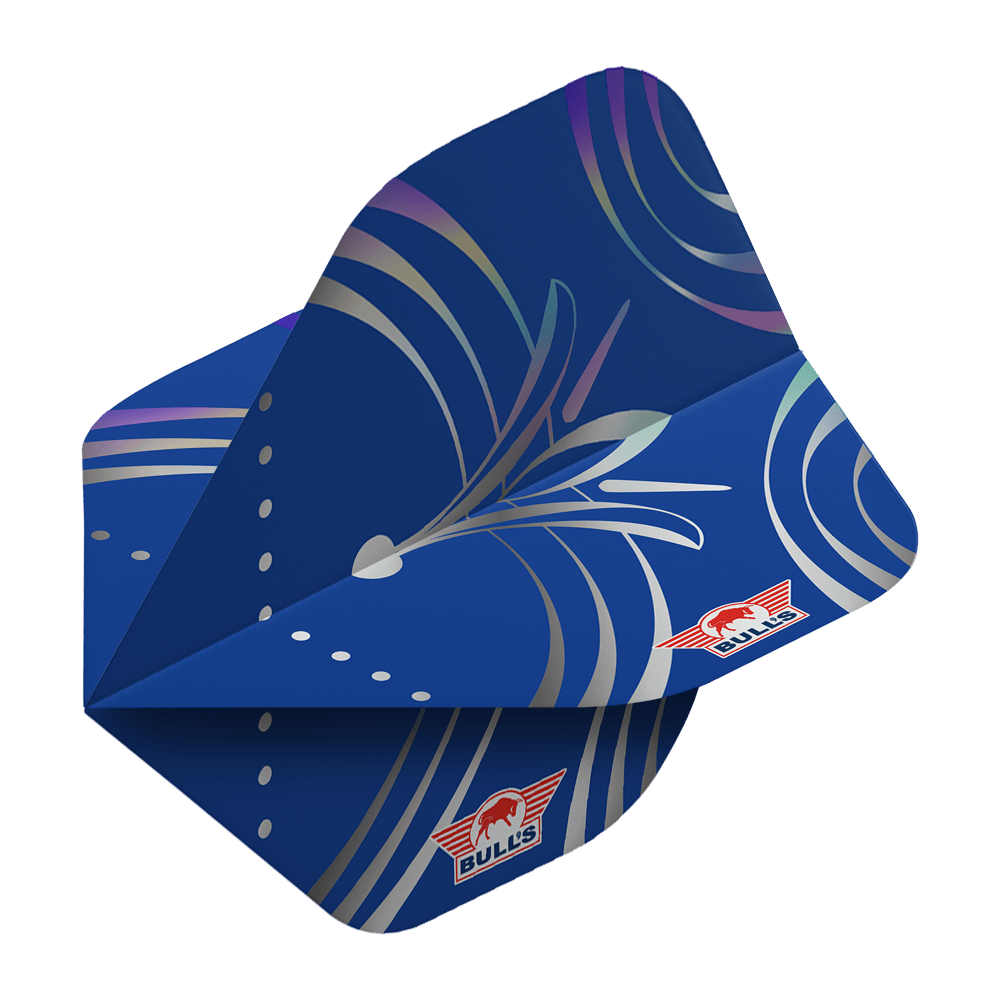 Bulls NL Serie 100 Silvian No2 Vuelos Estándar Das Bild zeigt einen blauen Dartflug mit silbernen Linien und Mustern. In der Ecke ist das rote Bulls NL-Logo zu sehen.