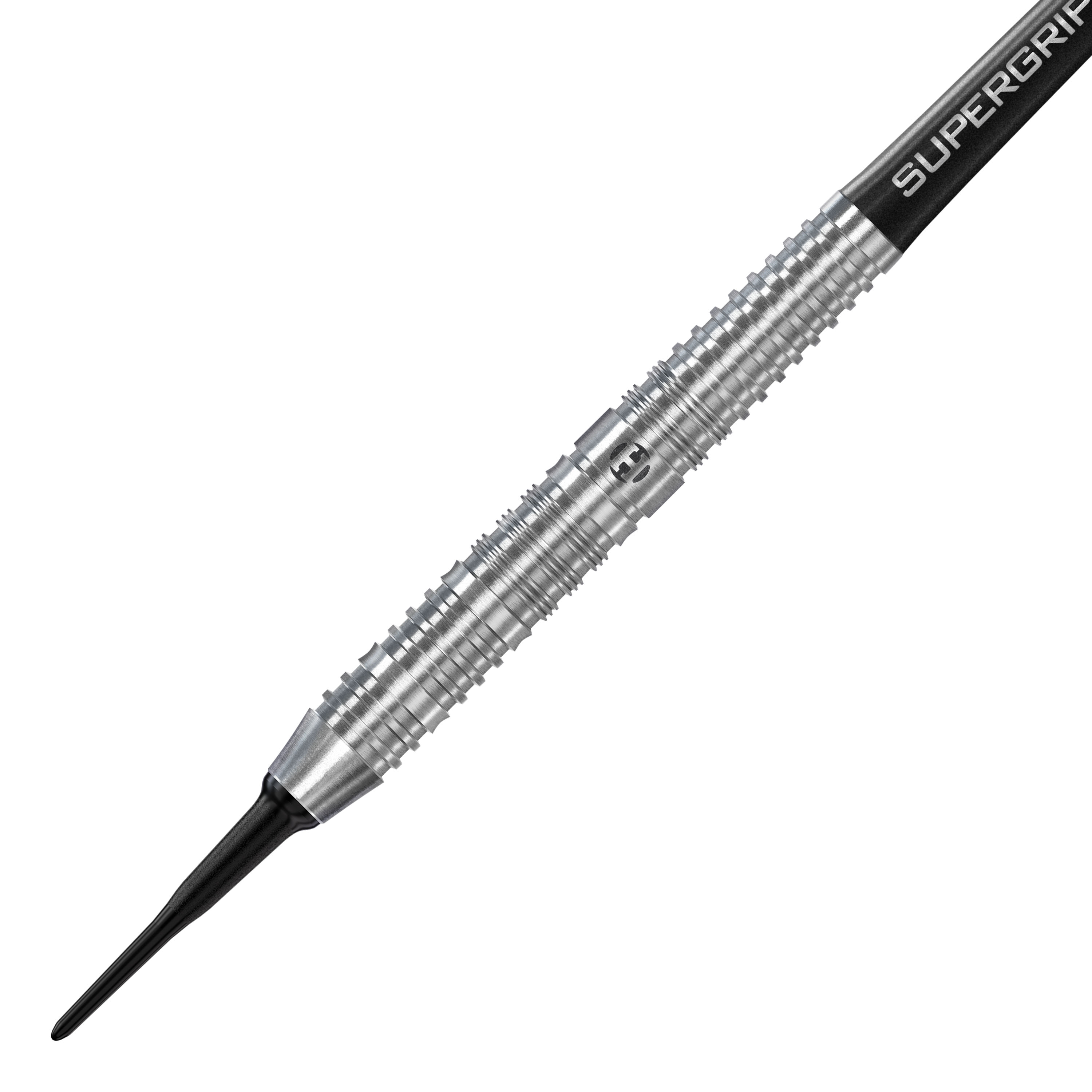 Dardos blandos paralelos Harrows NX90 Das Bild zeigt einen Harrows NX90 Parallel Softdart mit silbernem, geriffelten Barrel. Die Spitze ist schwarz und der Schaft trägt die Aufschrift "SUPERGRIP".