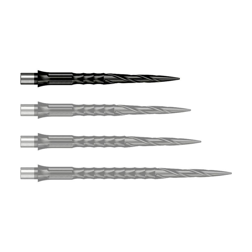 Puntas de dardos de acero Caliburn System - Spiro - Sin pestaña - Negras Das Foto zeigt Caliburn Evo System Steeldartspitzen Spiro NoLip Black in 28 mm Länge. Diese Dartspitzen sind in Schwarz gehalten und besonders langlebig.