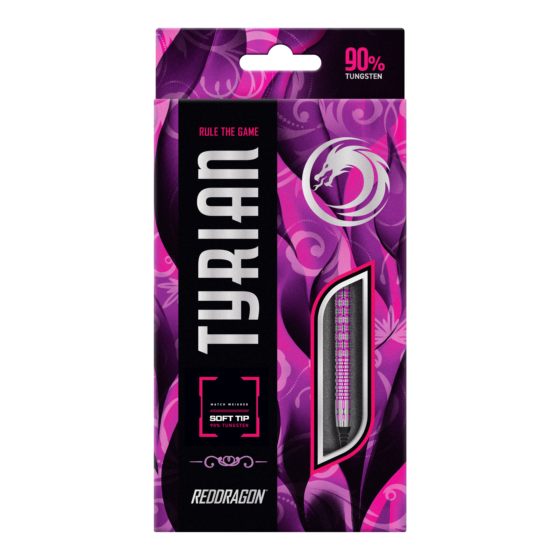 Dardos blandos Red Dragon Tyrian - 22 g Die Abbildung zeigt die Verpackung der "Red Dragon Tyrian Softdarts - 22g". Die Schachtel ist lila und pink gestaltet und hebt hervor, dass die Darts zu 90 % aus Wolfram bestehen.