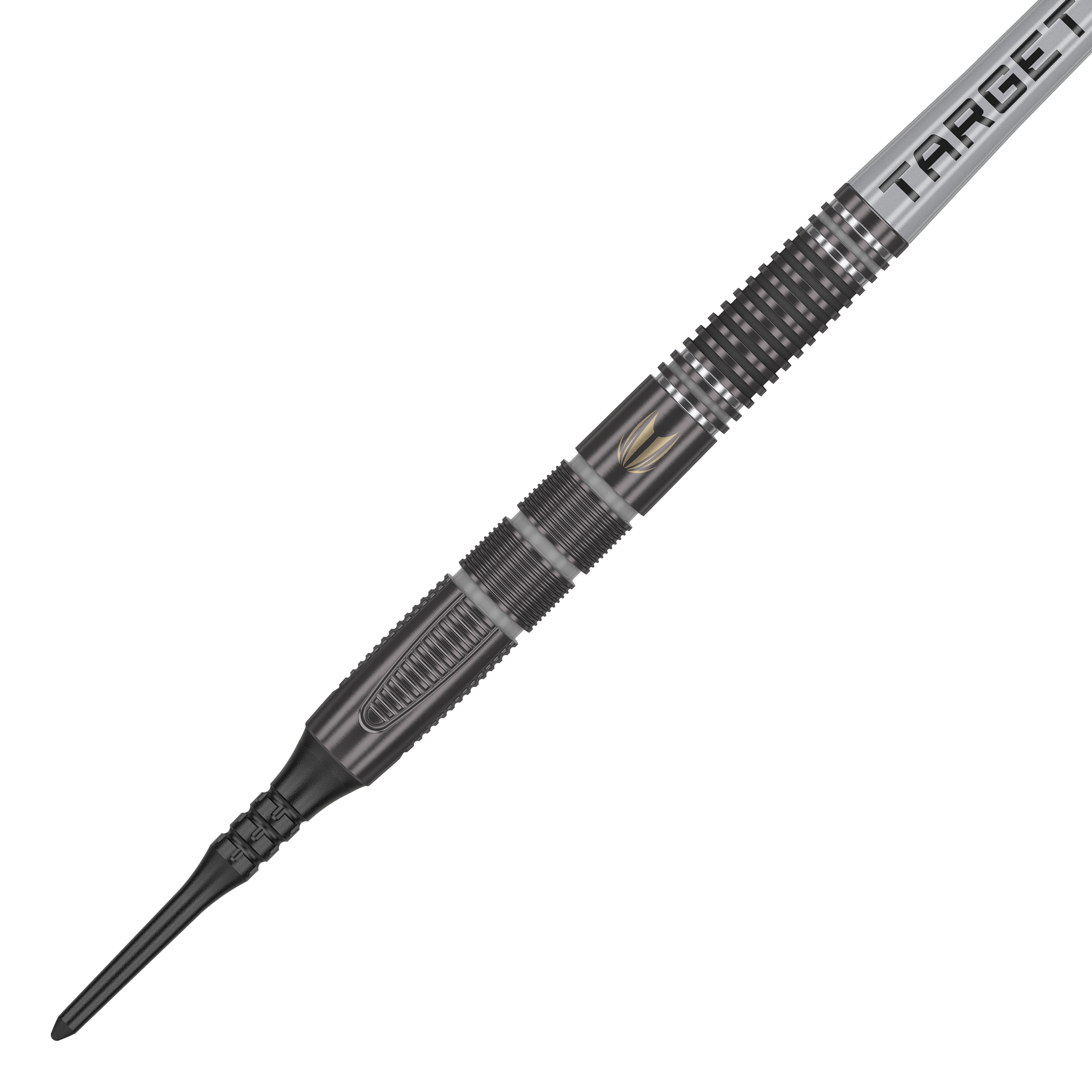 Dardos blandos Target Nathan Aspinall X Echo - 18 g Das Bild zeigt einen Target Nathan Aspinall X Echo Softdart mit einem Gewicht von 18g. Der Dart ist schwarz und silber und hat das Wort "TARGET" auf dem Flight stehen.