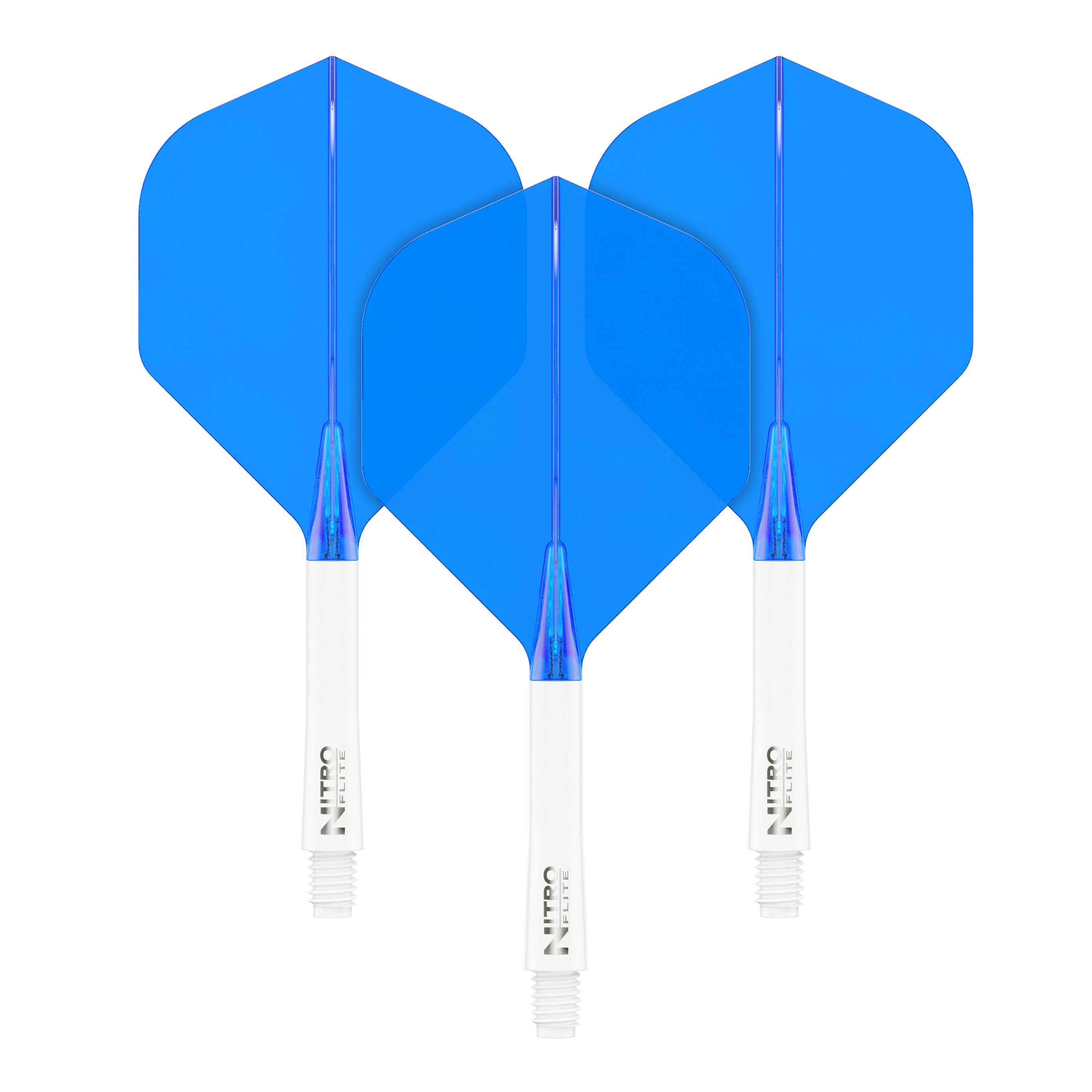 Red Dragon Nitroflite - Eje blanco, vuelos azules nº 2 Das Bild zeigt drei blaue Dartflights mit weißen Schäften. Sie sind ordentlich nebeneinander angeordnet und heben sich deutlich vom schwarzen Hintergrund ab.
