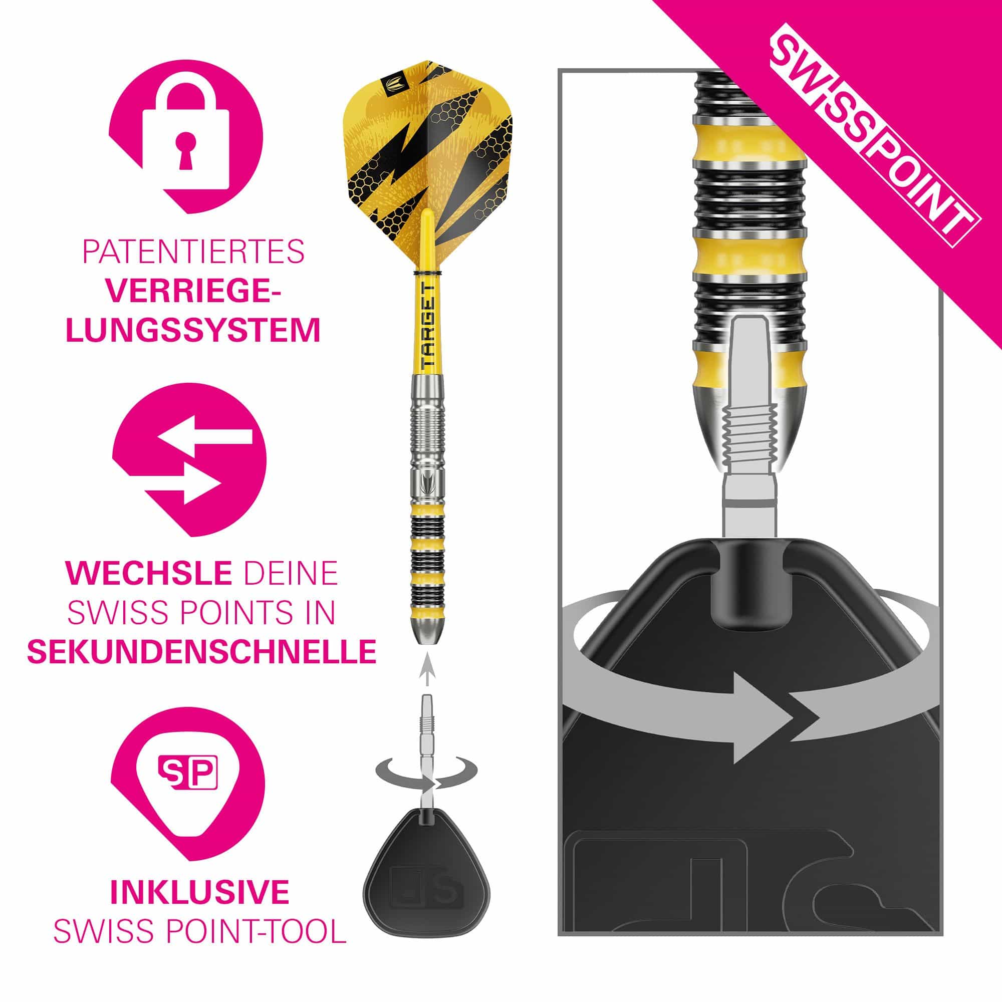 Dardos de acero Target Buzz 01 Swiss Points Zu sehen sind Target Buzz 01 Swiss Points Steeldarts. Diese Steeldarts sind ideal für den Dartsport geeignet.