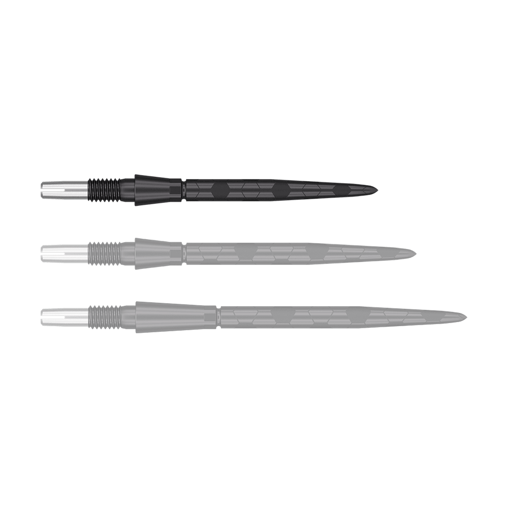 Puntas de dardos Target Swiss Storm Onyx Point - Negras Das Bild zeigt drei schwarze Dartspitzen in einer Reihe. Sie haben ein metallisches Gewinde am einen Ende und sind schlank sowie geriffelt gestaltet.