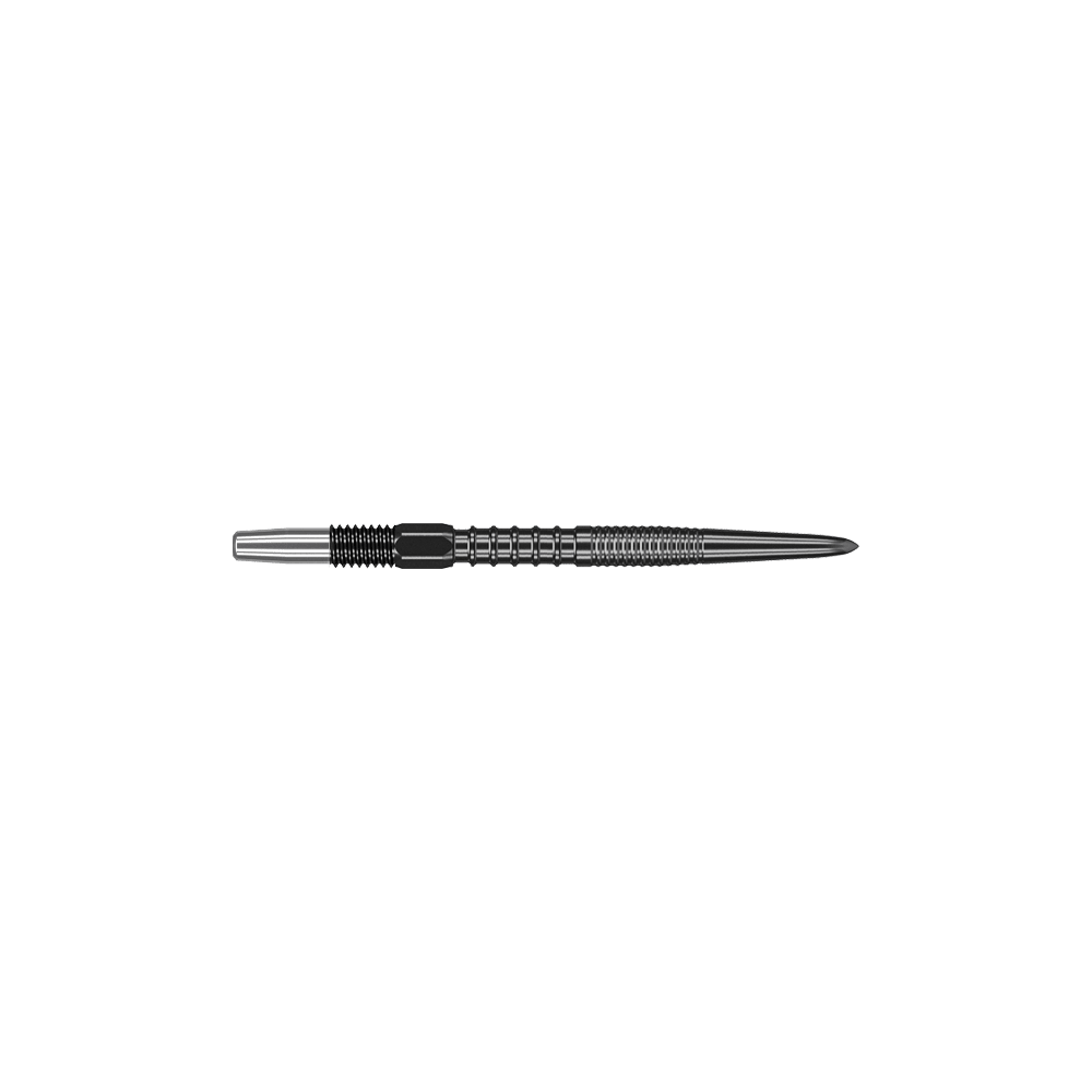 Puntas de dardos Target Swiss Firepoint Black Das Bild zeigt eine schwarze Dartspitze mit geriffeltem Griff. Sie ist schlank und weist eine Länge von etwa 26 mm auf.
