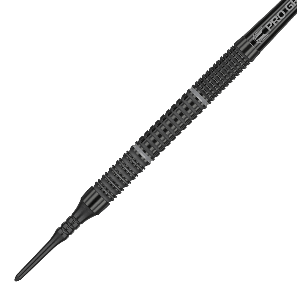 210058_Target_Echo_11_Softdarts_2 Das Bild zeigt einen Target Echo 11 Softdart mit schwarzem, strukturiertem Griff. Die Spitze ist ebenfalls schwarz und aus Kunststoff gefertigt.