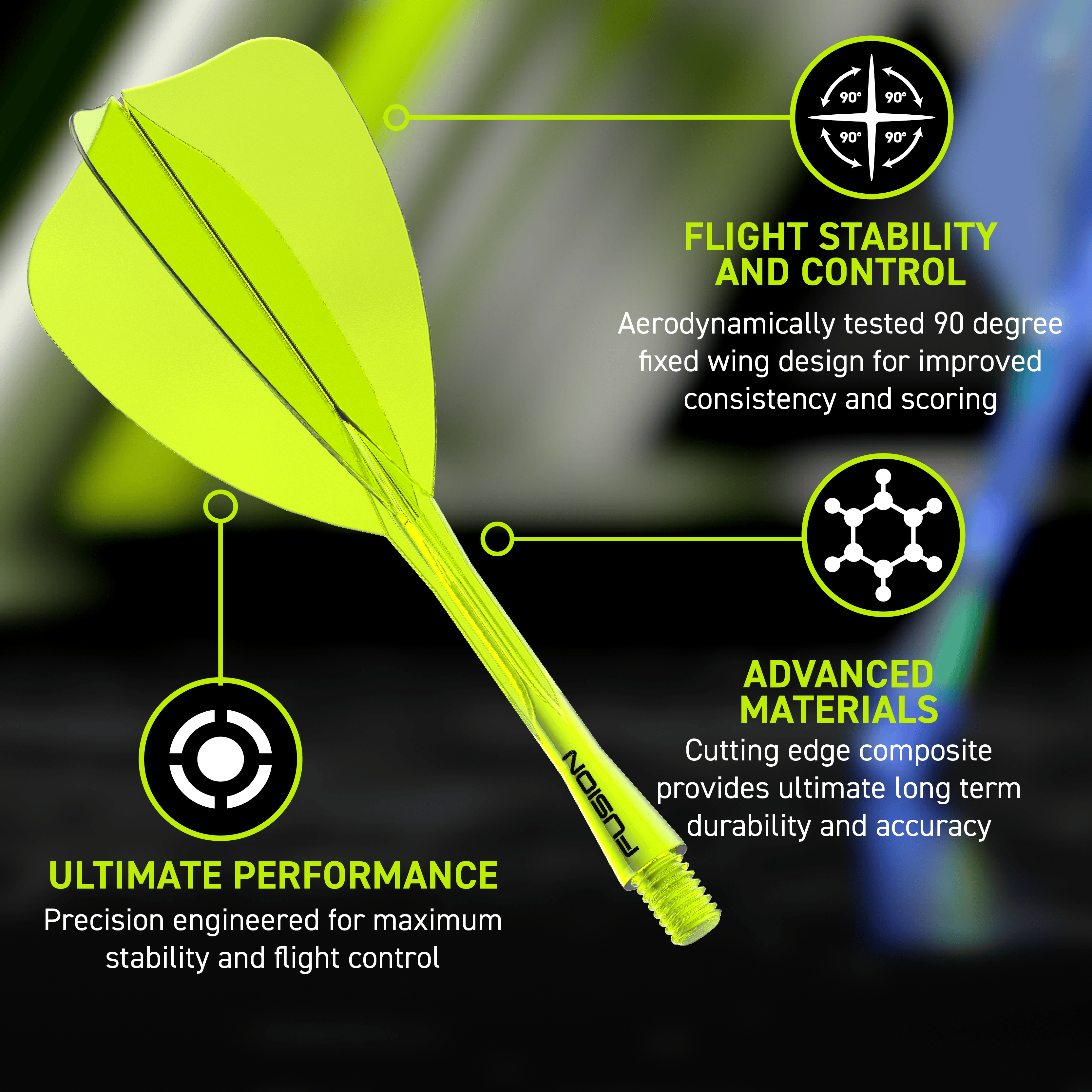 Sistema de eje de vuelo Winmau Fusion Arrow amarillo neón Das Bild zeigt das Winmau Fusion Flight-Shaft-System Arrow Neon Yellow. Es handelt sich um einen neon-gelben Flight-Shaft für Darts.