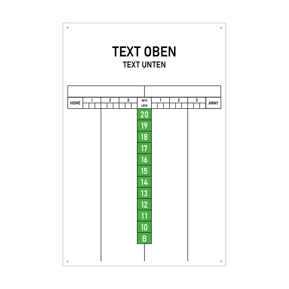 INSCORE4_Scoreboard_mit_Wunschdruck_40x60cm_Gr-n_1 Ein Scoreboard für Darts mit Wunschdruck ist abgebildet.