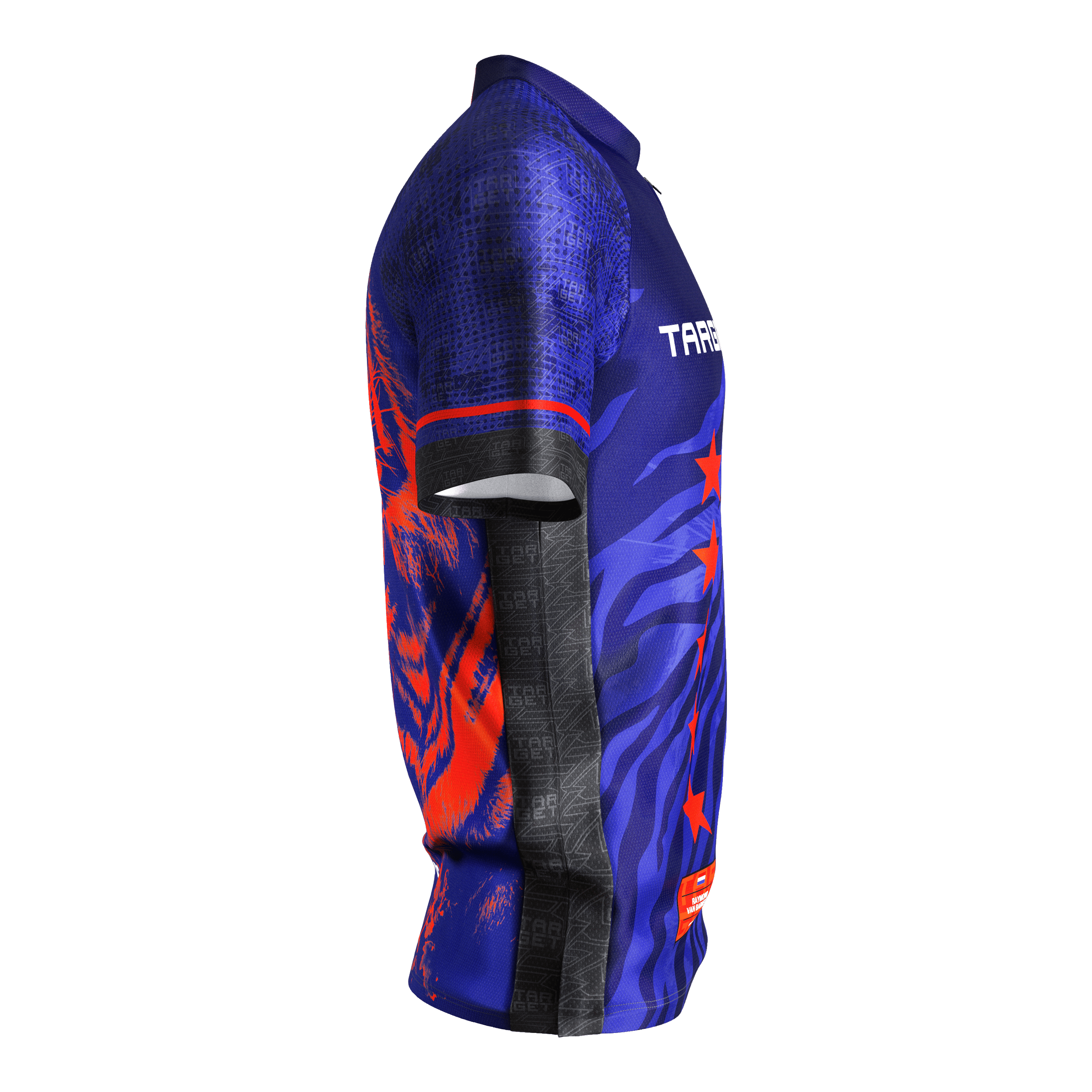 Camiseta dardos Target Coolplay Raymond Van Barneveld 2025 Das Bild zeigt das "Target Coolplay Raymond Van Barneveld 2025 Dartshirt". Das Shirt ist überwiegend blau mit roten und schwarzen Akzenten sowie auffälligen Grafiken.