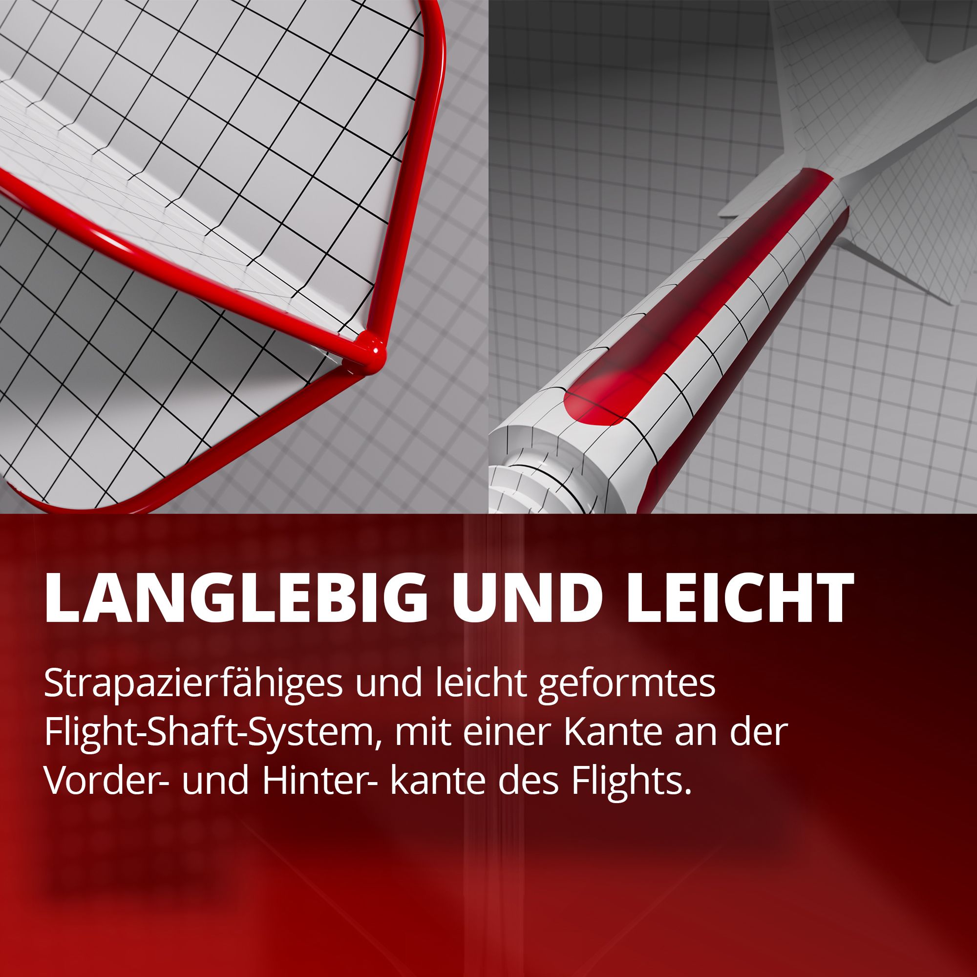 Target K-Flex Raymond Van Barneveld No2 Sistema de eje de vuelo estándar Das Bild zeigt ein langlebiges und leichtes Flight-Shaft-System mit rotem Rand und Gittermuster. Es betont die strapazierfähige und leichte Bauweise mit speziellen Kanten am vorderen und hinteren Bereich des Flights.