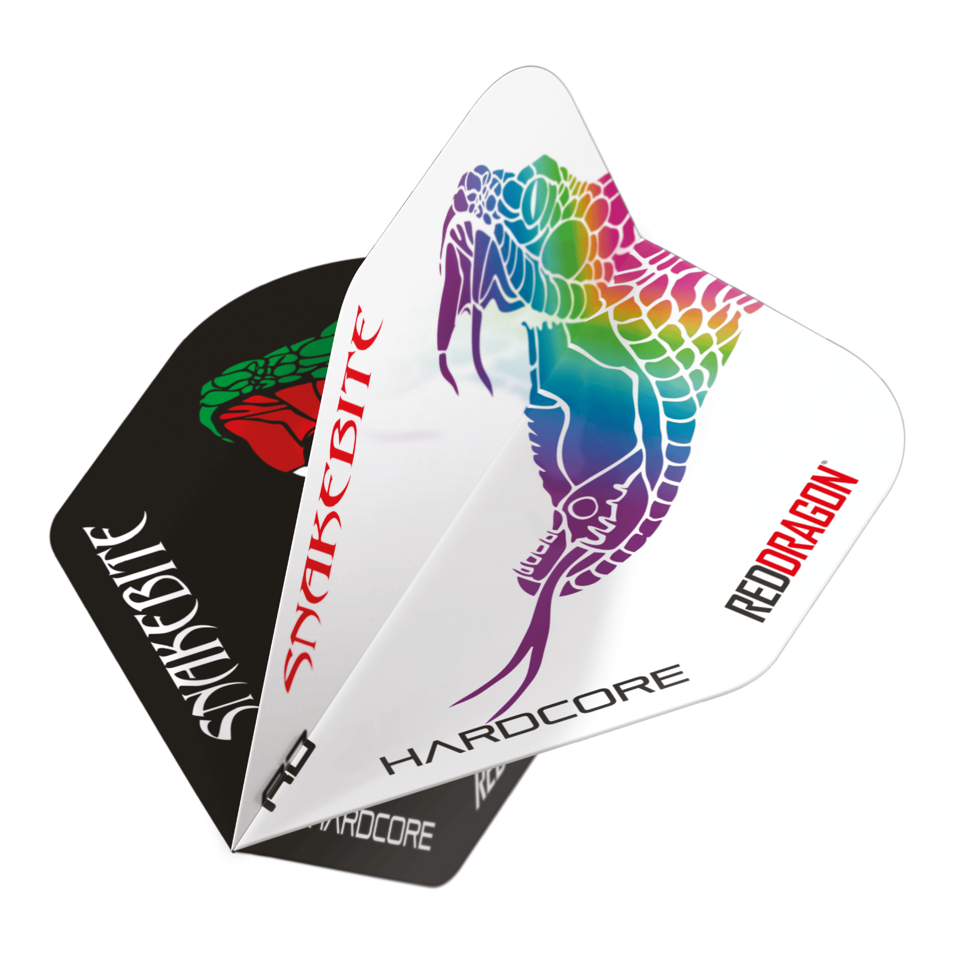 Vuelos estándar Red Dragon Peter Wright Snakebite Black White Yin Yang Das Bild zeigt die Red Dragon Peter Wright Snakebite Black White Yin Yang Standard Flights für Darts. Auf den Flights sind bunte Schlangenmotive und die Schriftzüge "Snakebite" und "Red Dragon" zu sehen.