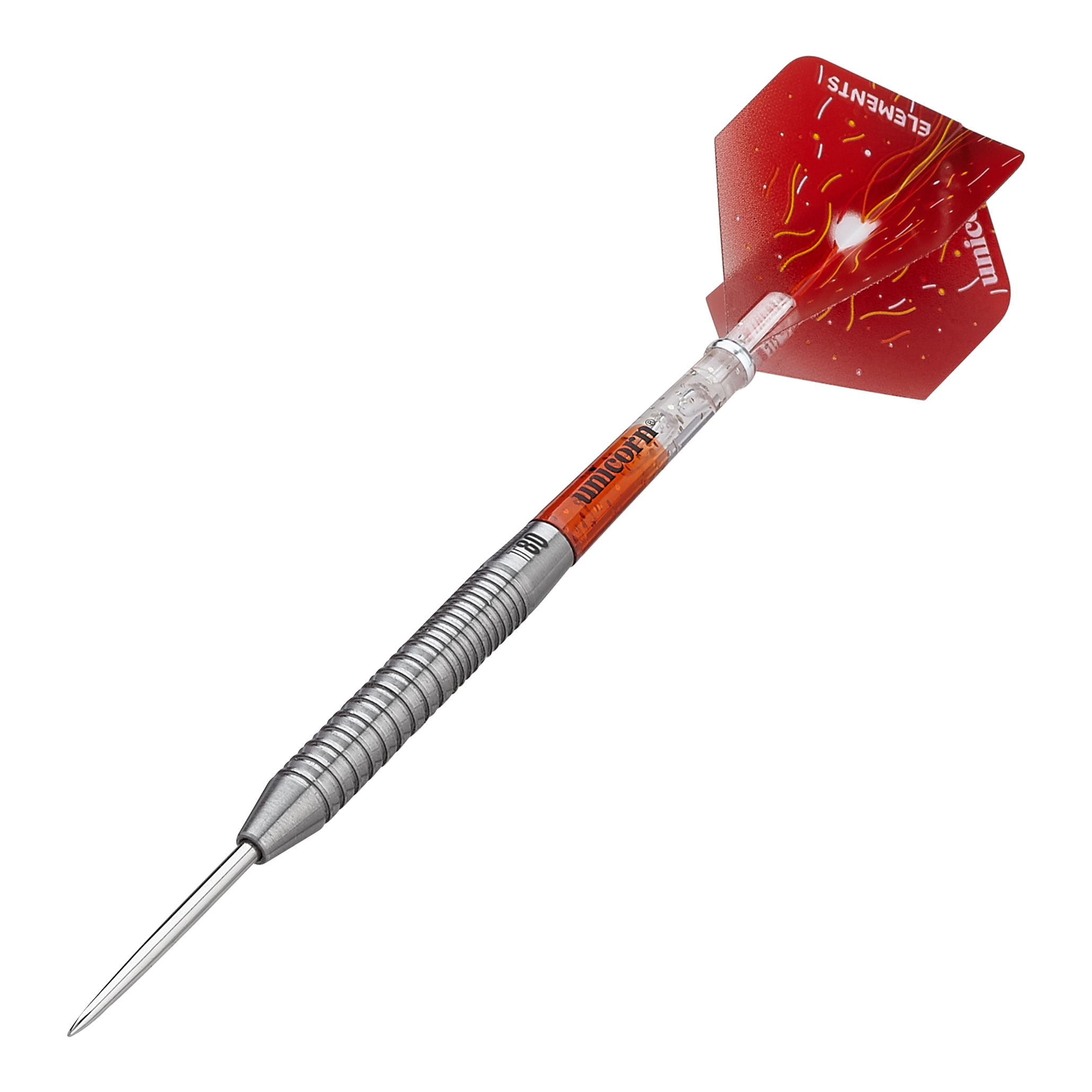 Dardos de acero Unicorn Core XL Striker Style 1 - 22 g Das Bild zeigt einen Unicorn Core XL Striker Style 1 Steeldart mit 22g Gewicht. Der Dart hat einen silbernen, geriffelten Schaft und rote Flights mit einem Feuerdesign.