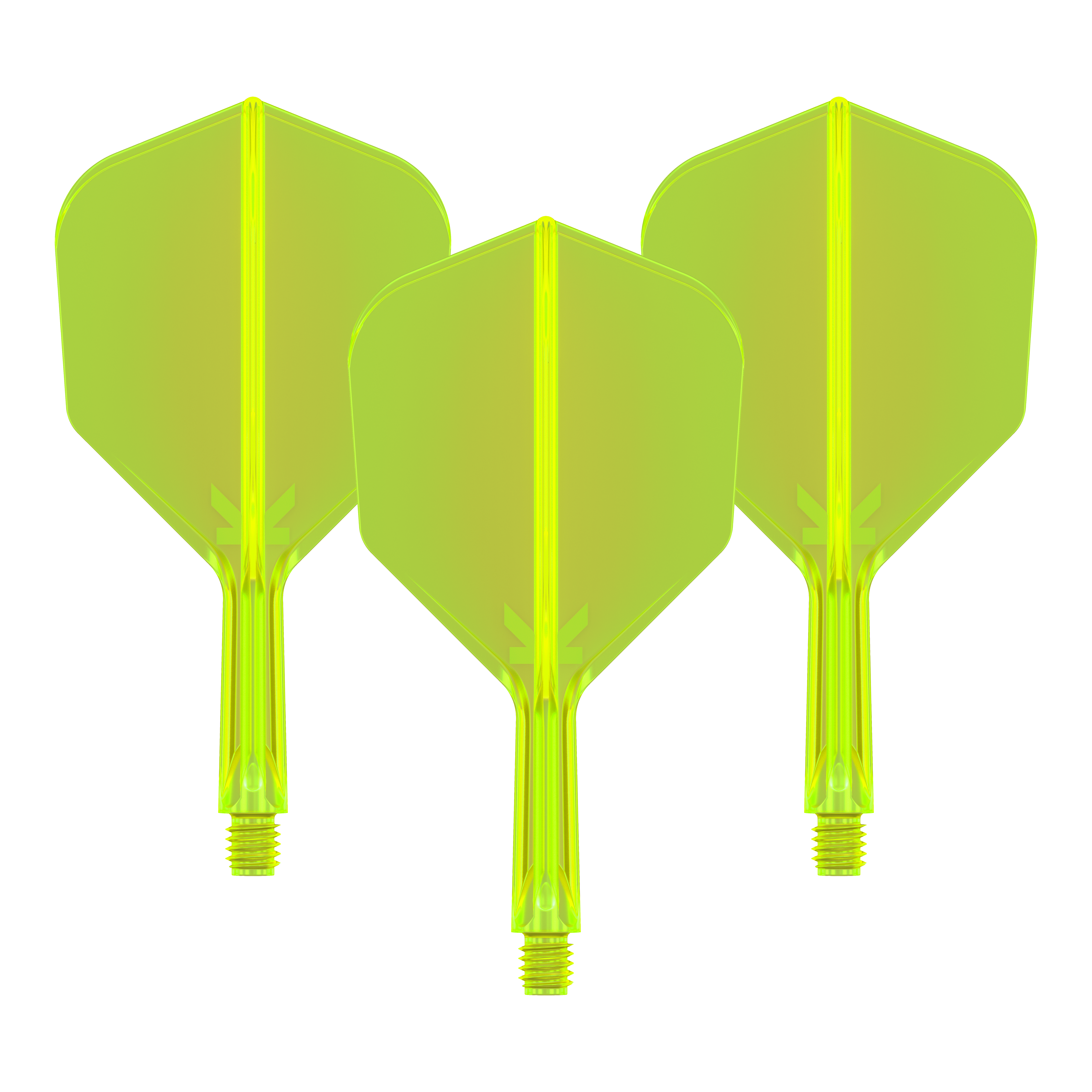 Sistema de vuelo Target K-Flex No6 - Amarillo neón Das Bild zeigt drei neongelbe Dartflights mit integrierten Schäften. Sie sind nebeneinander angeordnet und auf schwarzem Hintergrund zu sehen.