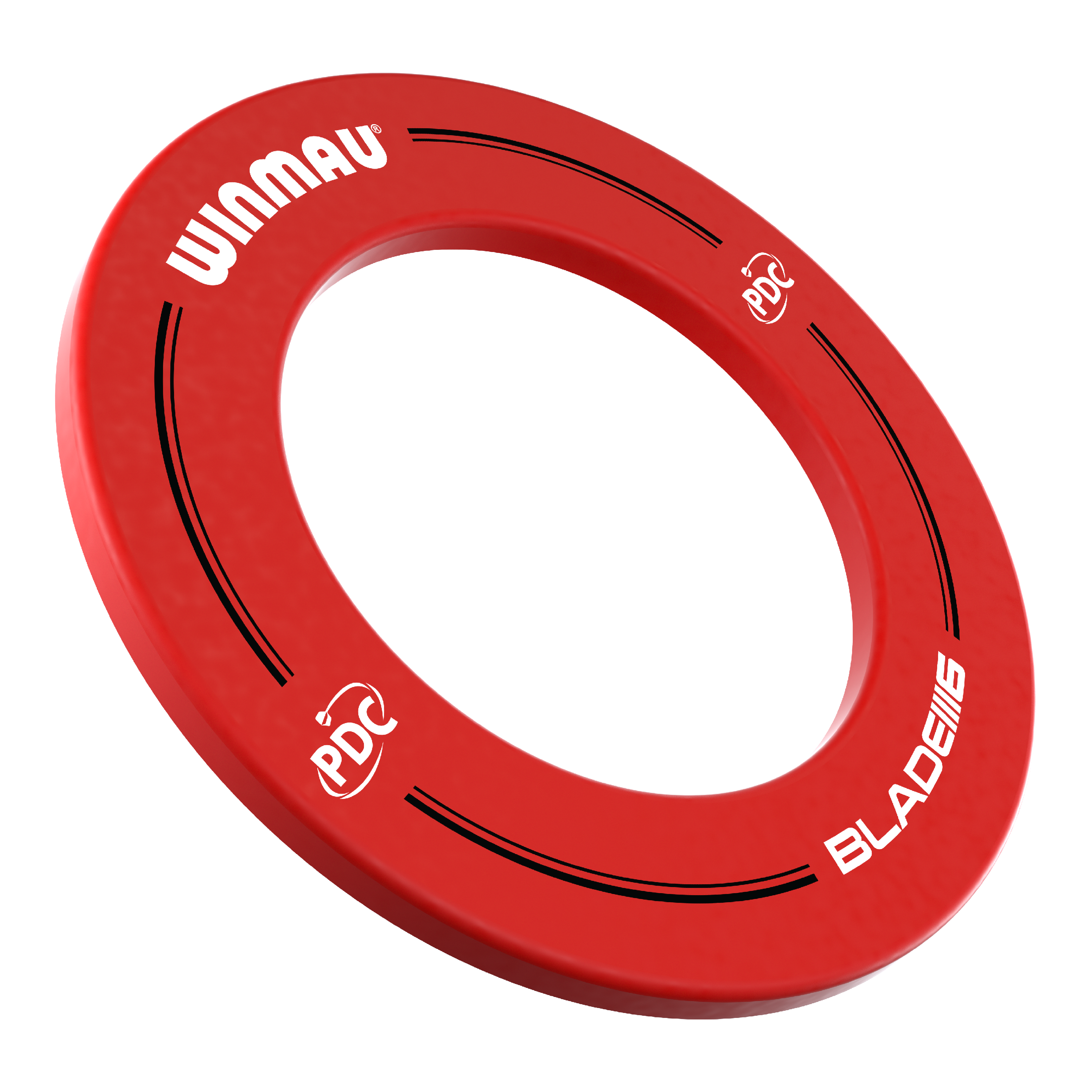 Marco para diana Winmau PDC - Rojo Das Bild zeigt einen roten Dartboard-Surround der Marke Winmau mit der Aufschrift „PDC“ und „BLADE 6“. Er wird verwendet, um die Wand rund um ein Dartboard vor Beschädigungen zu schützen.