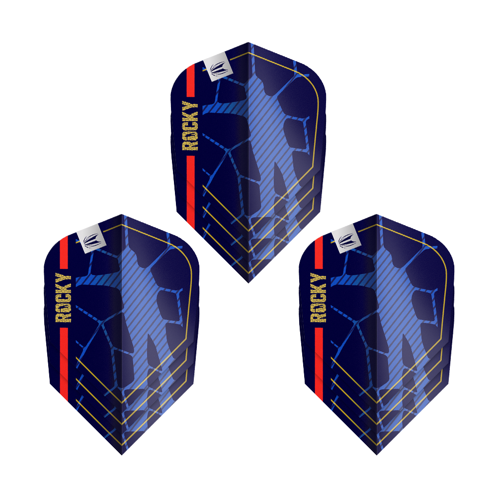 Vuelos Target Pro Ultra Josh Rock GEN1 Ten-X - 3 juegos Das Bild zeigt drei Sets der "Target Pro Ultra Josh Rock GEN1 Ten-X Flights". Die Flights sind dunkelblau mit gelben und roten Akzenten und dem Schriftzug "ROCKY".
