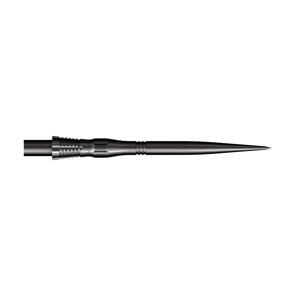 Puntas de dardos Shot Cone Scallop de acero - Negras - 35 mm Das Bild zeigt eine schwarze Steeldart-Spitze mit dem Namen "Shot Cone Scallop". Die Spitze ist 35 mm lang und hat eine schlanke, gezackte Form.