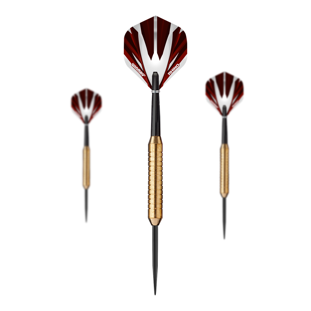 Dardos de acero Winmau Broadside Brass - 22 g Das Bild zeigt drei Winmau Broadside Brass Steeldarts mit einem Gewicht von 22 Gramm. Die Darts haben goldfarbene Griffe und schwarz-rote Flights.