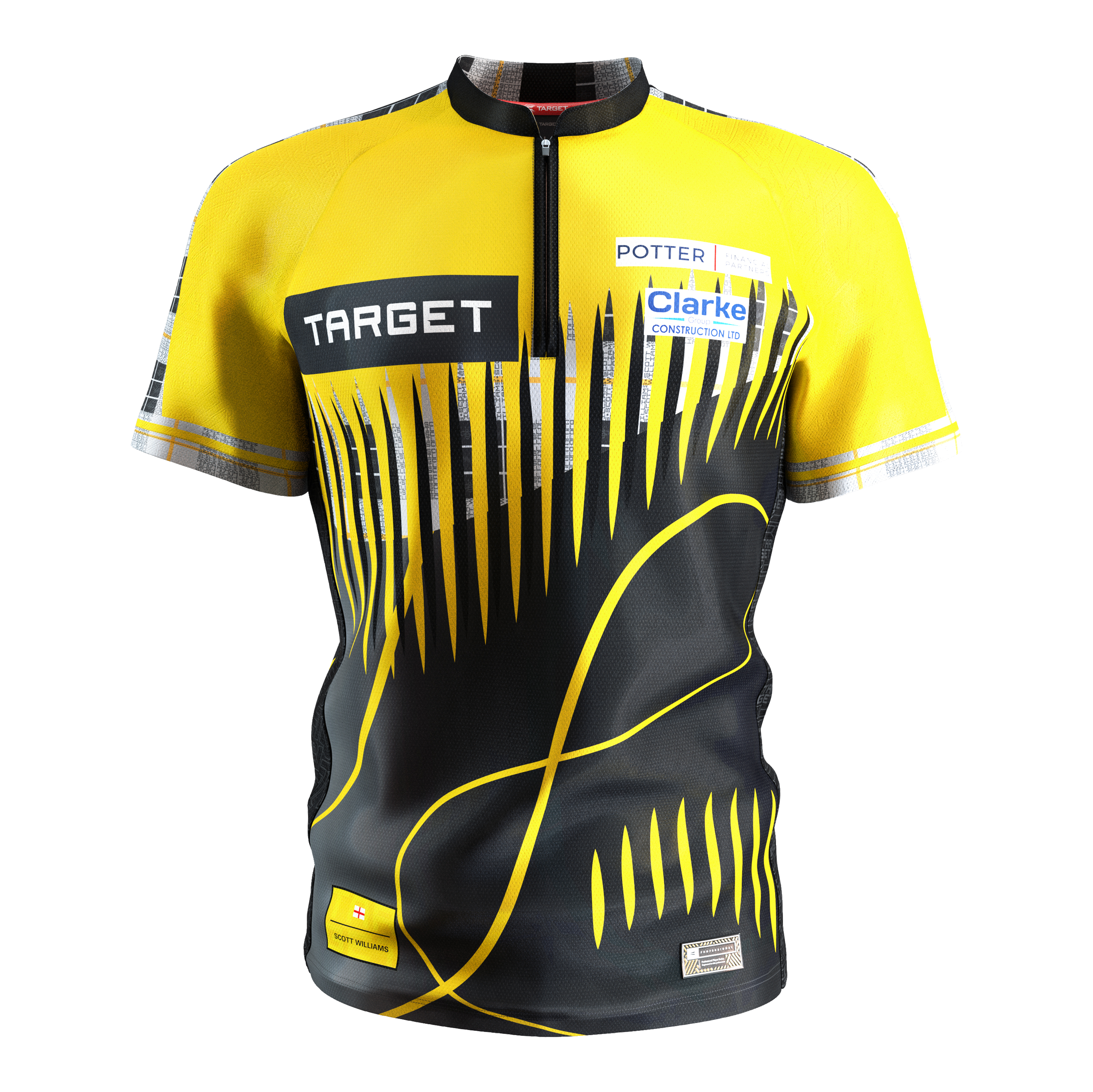 Camiseta de dardos Target Coolplay Scott Williams 2025 Das Bild zeigt ein Dartshirt in den Farben Gelb und Schwarz mit auffälligem modernem Muster. Auf dem Shirt sind mehrere Sponsorenlogos, darunter "TARGET", zu sehen.