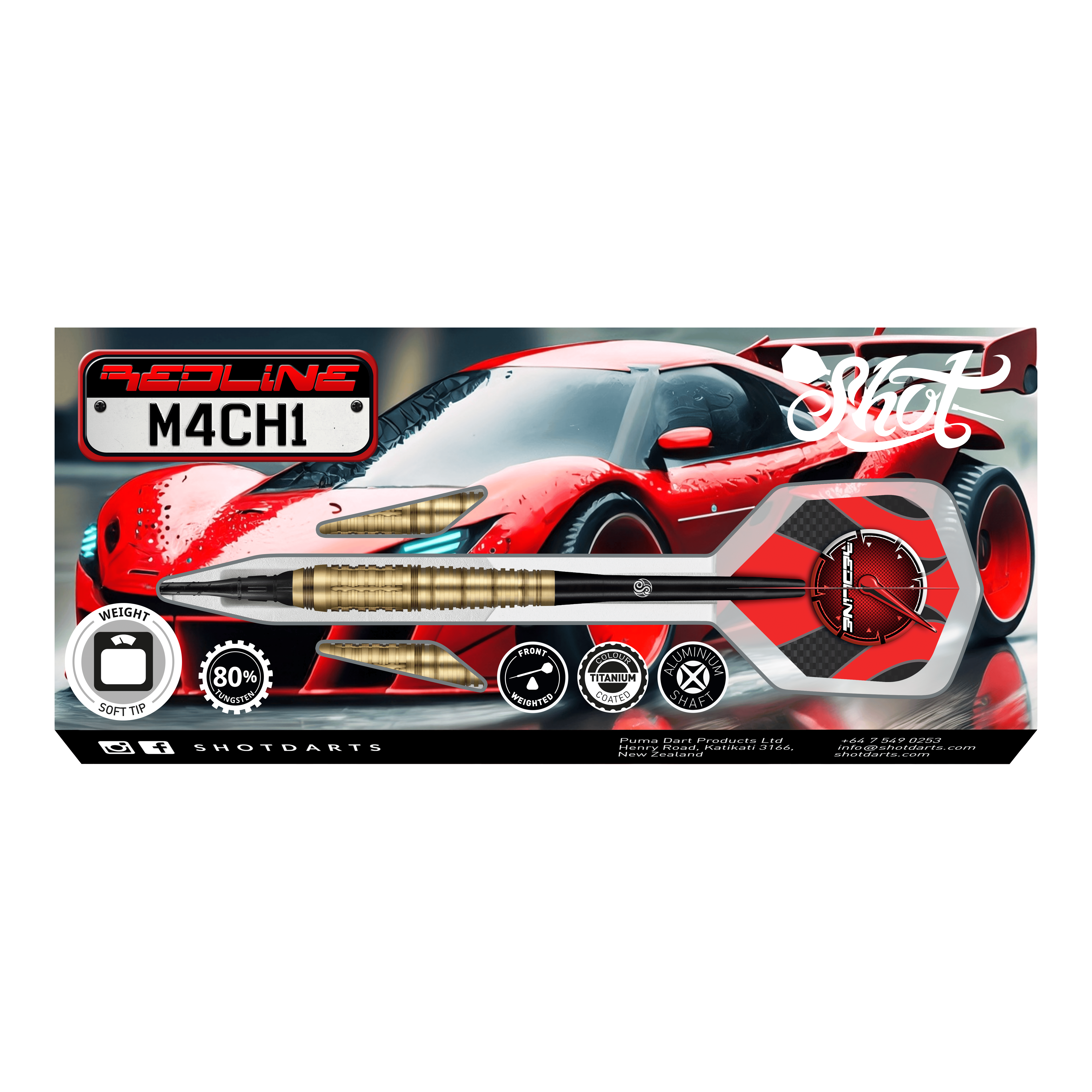 Dardos blandos Shot Redline Mach 1 - 20 g Das Bild zeigt die Verpackung der "Shot Redline Mach 1 Softdarts - 20g". Auf der Packung ist ein roter Sportwagen zusammen mit einem abgebildeten Softdart-Pfeil zu sehen.