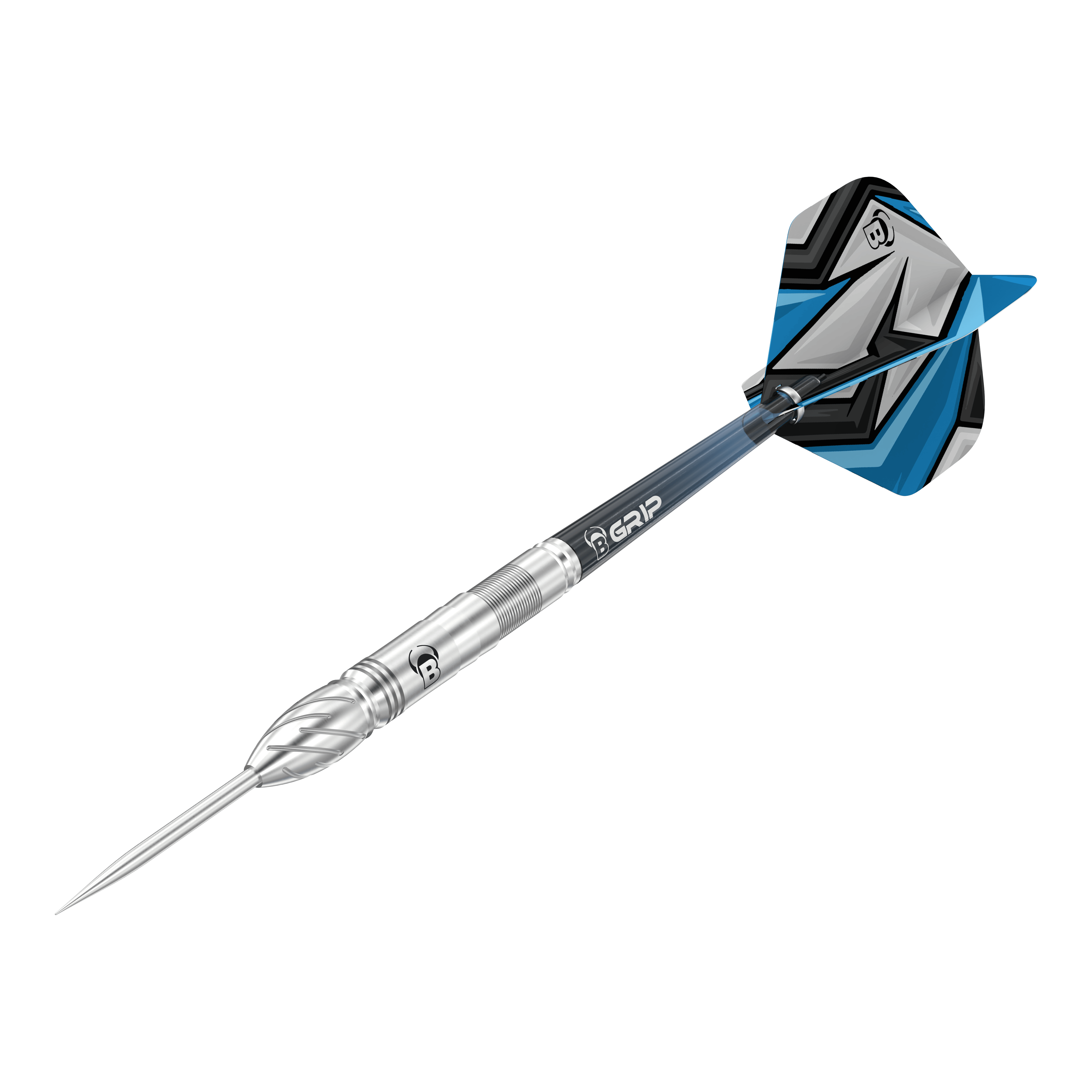 Dardos de acero Bulls Stone S1 Das Bild zeigt einen Bulls Stone S1 Steeldart. Der Dartpfeil hat eine silberne Spitze und einen Schaft mit blauen und schwarzen Akzenten am Flight.