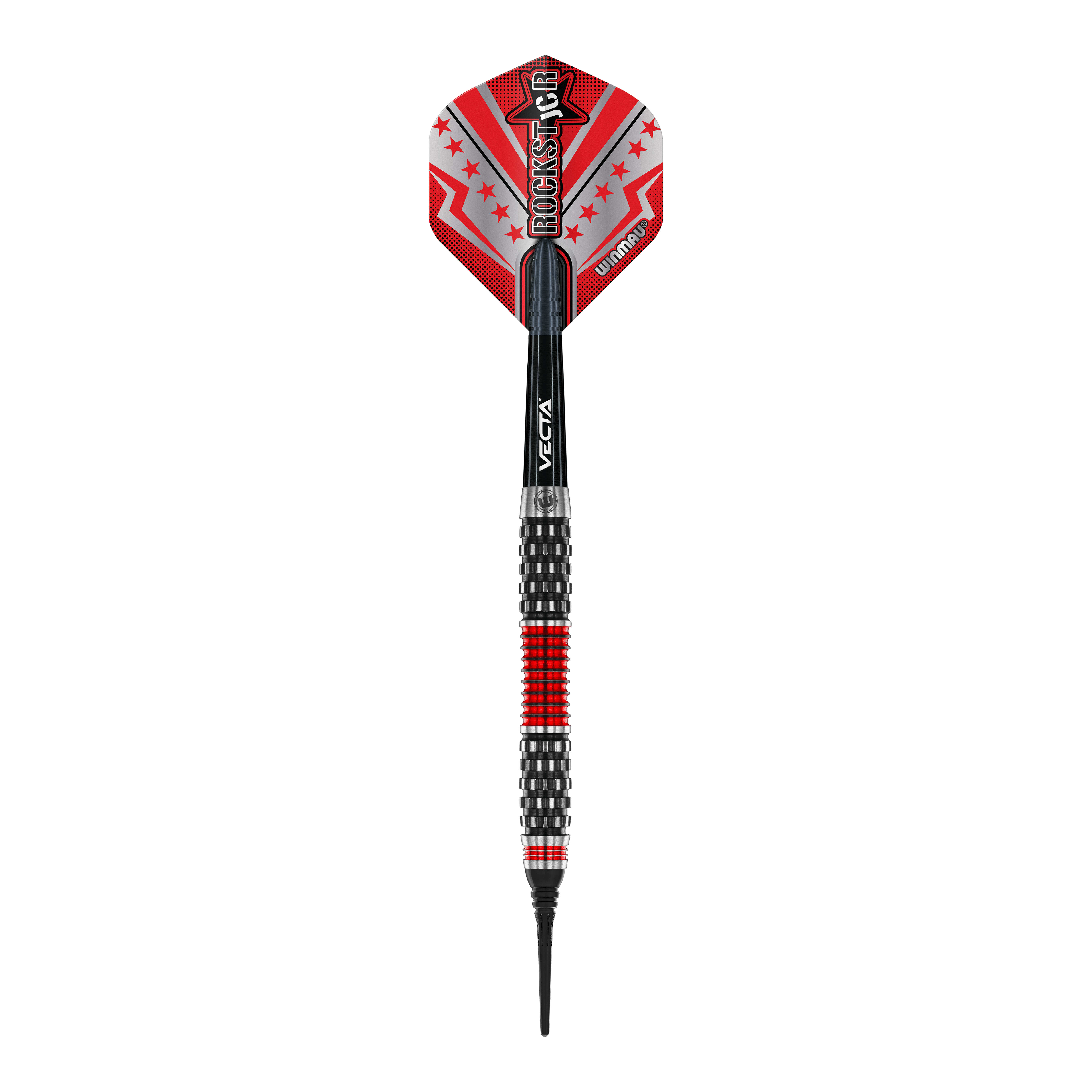 Dardos blandos Winmau Joe Cullen Rockstar Series RS1 - 20 g Dieses Bild zeigt einen Winmau Joe Cullen Rockstar Series RS1 Softdart mit einem Gewicht von 20g. Der Dart ist schwarz und rot gestaltet und hat einen auffälligen Flights mit dem Aufdruck "Rockstar".