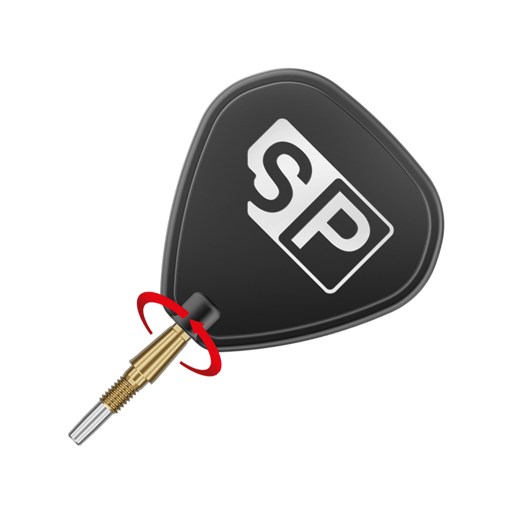 Puntas de dardos de acero Target Swiss Point Storm Surge - doradas Auf dem Bild ist eine goldene Dartspitze mit einem schwarzen Flight zu sehen, auf dem die Buchstaben "SP" abgebildet sind. Um die Spitze ist ein roter Pfeil, der eine Drehbewegung anzeigt.