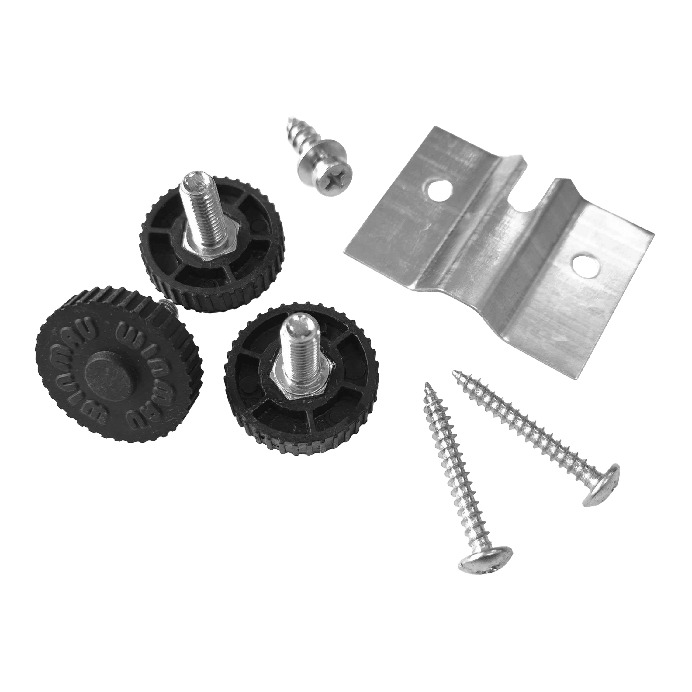 Soporte de pared Winmau Rota-Lock Blade 6 Das Bild zeigt den Winmau Rota-Lock Blade 6 Wandhalterungssatz mit Schrauben, Metallhalterung und schwarzen Befestigungsrädern. Dieses Set wird zur sicheren Wandbefestigung eines Dartboards verwendet.