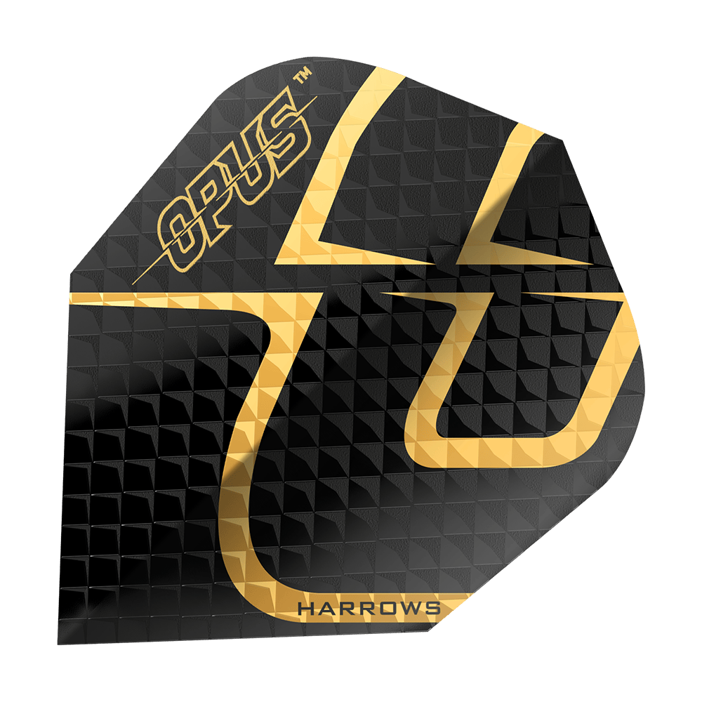 Vuelos de Harrow's Opus versión 2 Das Bild zeigt das Produkt "Harrows Opus Version 2 Flights". Die Darts-Flight ist schwarz mit einem goldenen Muster und dem Schriftzug "OPUS" und "HARROWS".