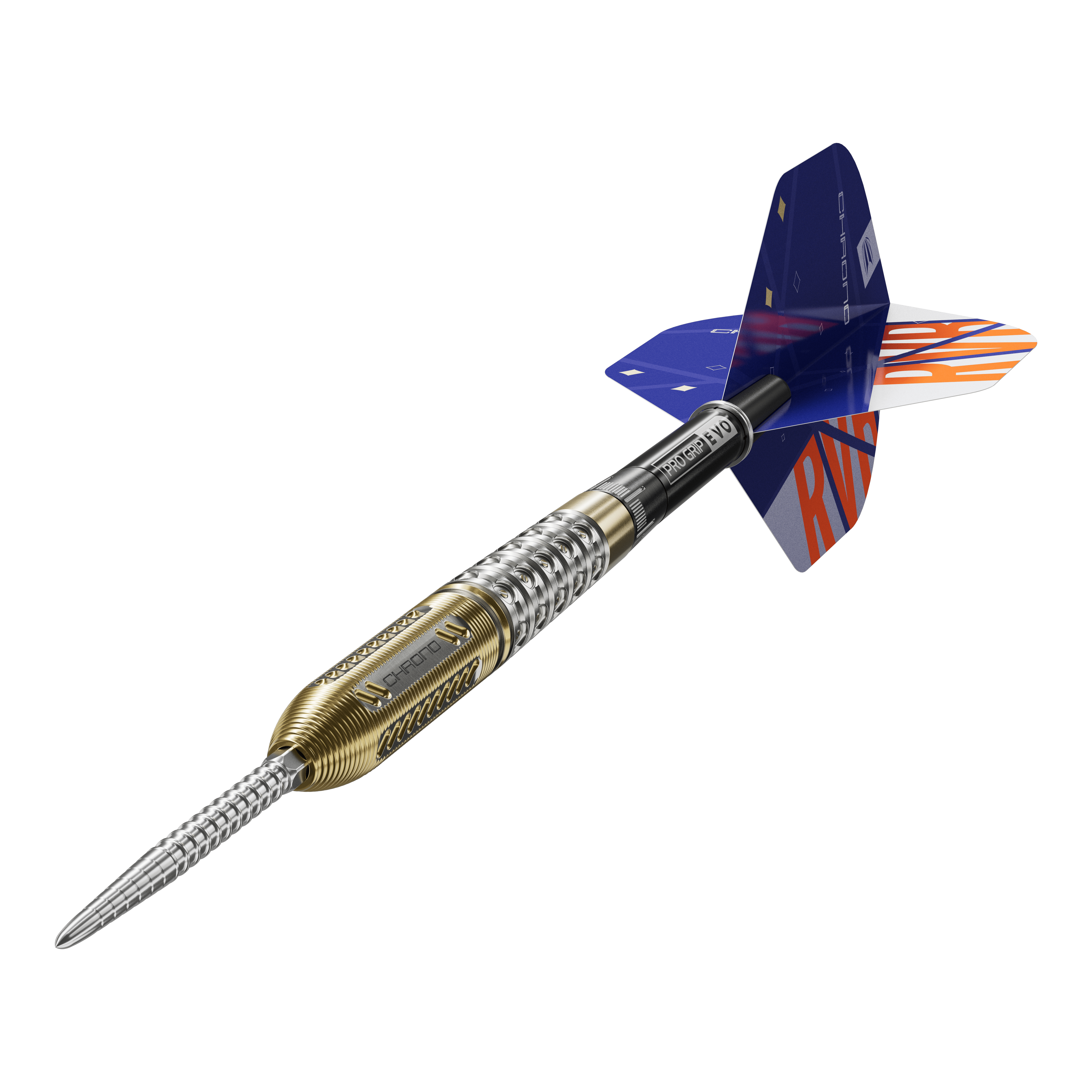 Target Raymond Van Barneveld Chrono 95 Dardos de acero con punta suiza Auf dem Bild ist ein Steeldart der Marke Target zu sehen, Modell "Raymond Van Barneveld Chrono 95 Swiss Point". Der Dartpfeil hat ein metallisch silber-goldenes Barrel und bunte Flights mit der Aufschrift "RVB".